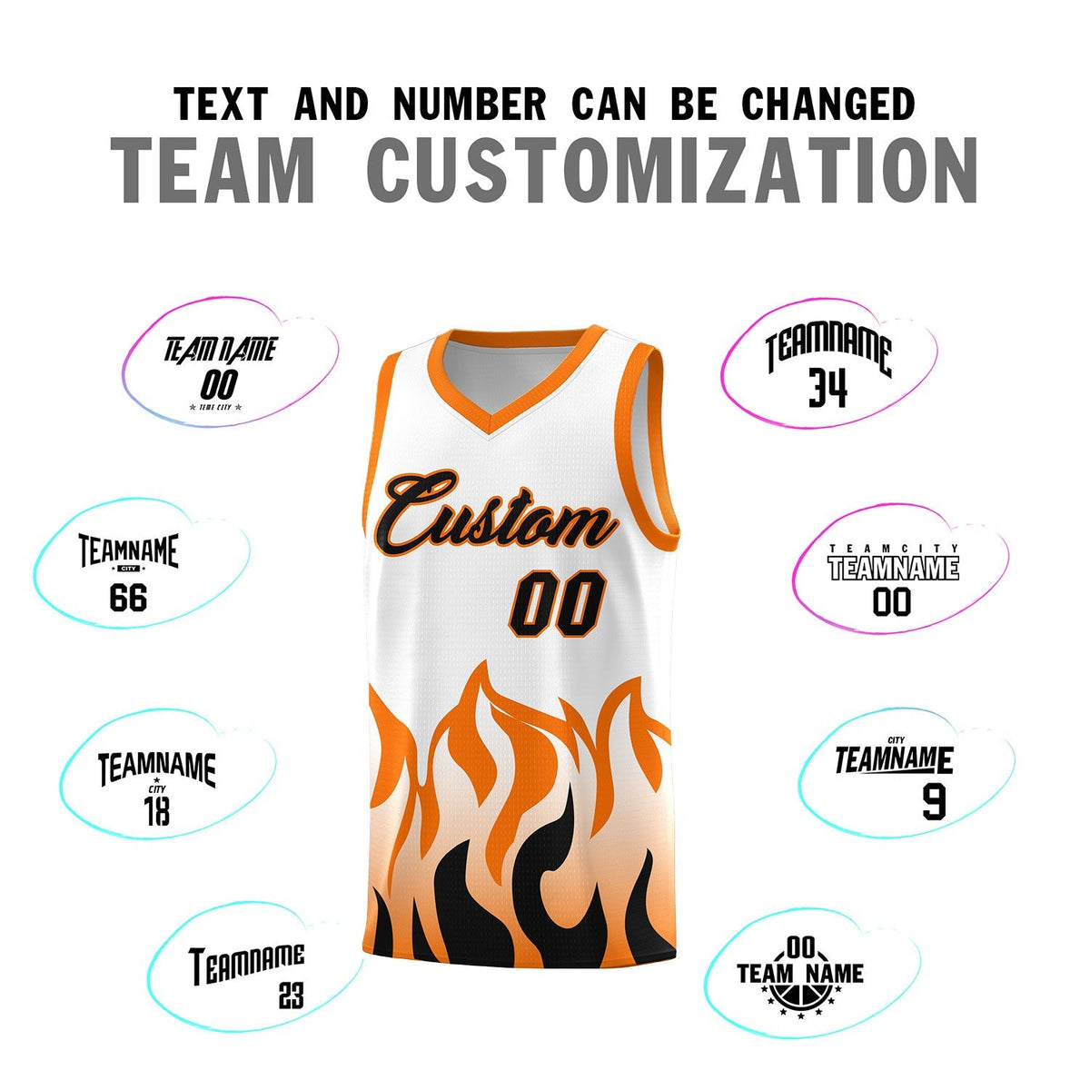 Custom White Orange Hem Flame Pattern Fashion Sports Uniform Basketball Kits