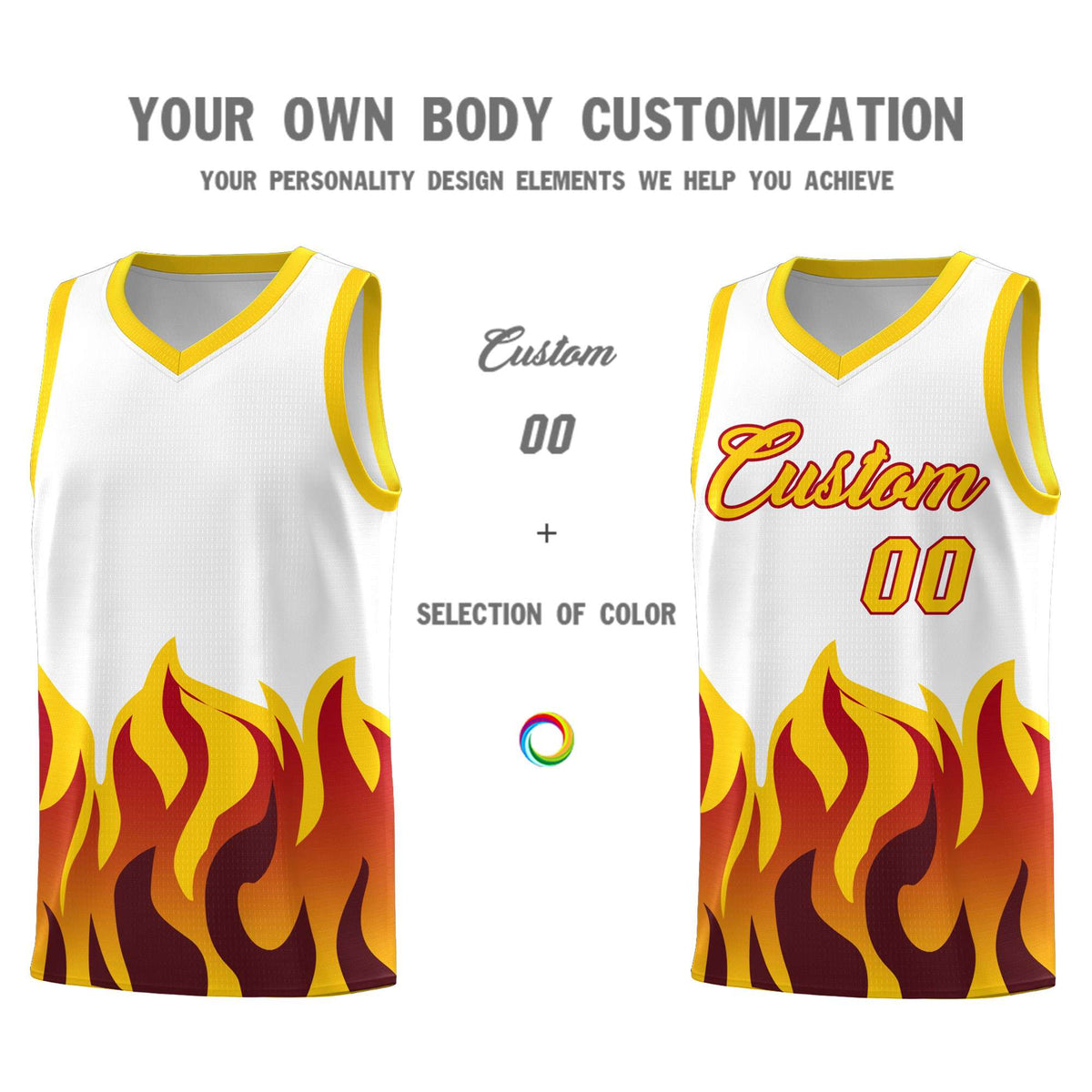 Custom White Gold Hem Flame Pattern Fashion Sports Uniform Basketball Kits