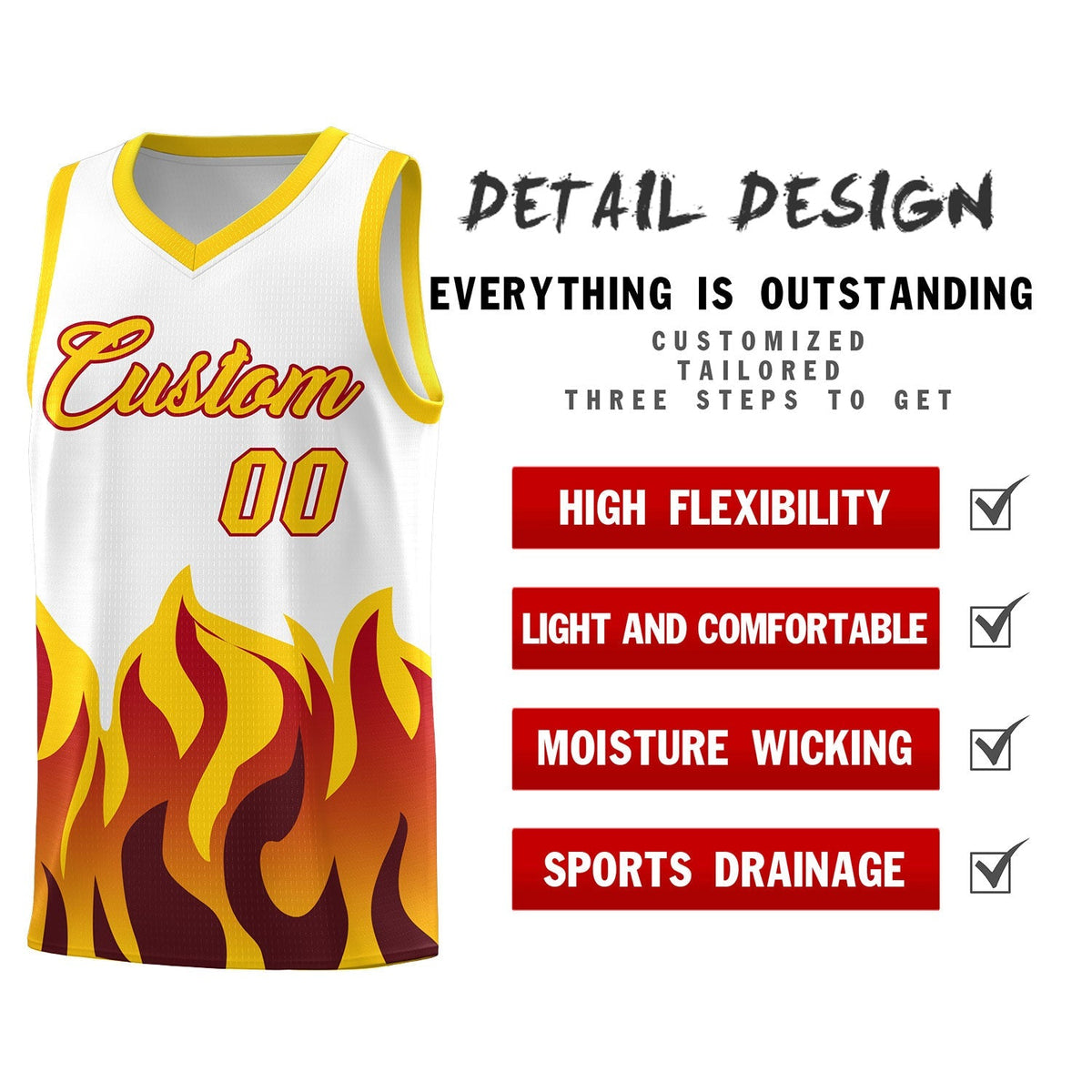 Custom White Gold Hem Flame Pattern Fashion Sports Uniform Basketball Kits