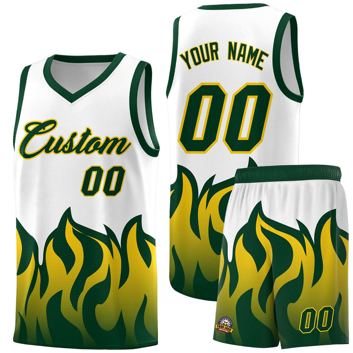 Custom White Hunter Green Hem Flame Pattern Fashion Sports Uniform Basketball Kits