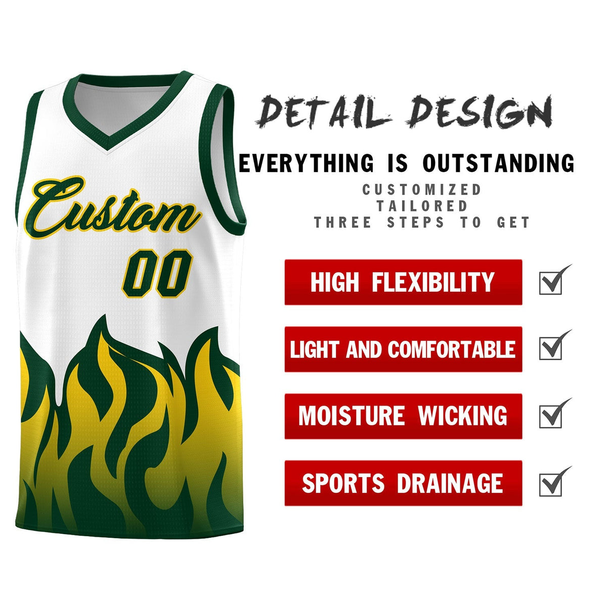Custom White Hunter Green Hem Flame Pattern Fashion Sports Uniform Basketball Kits