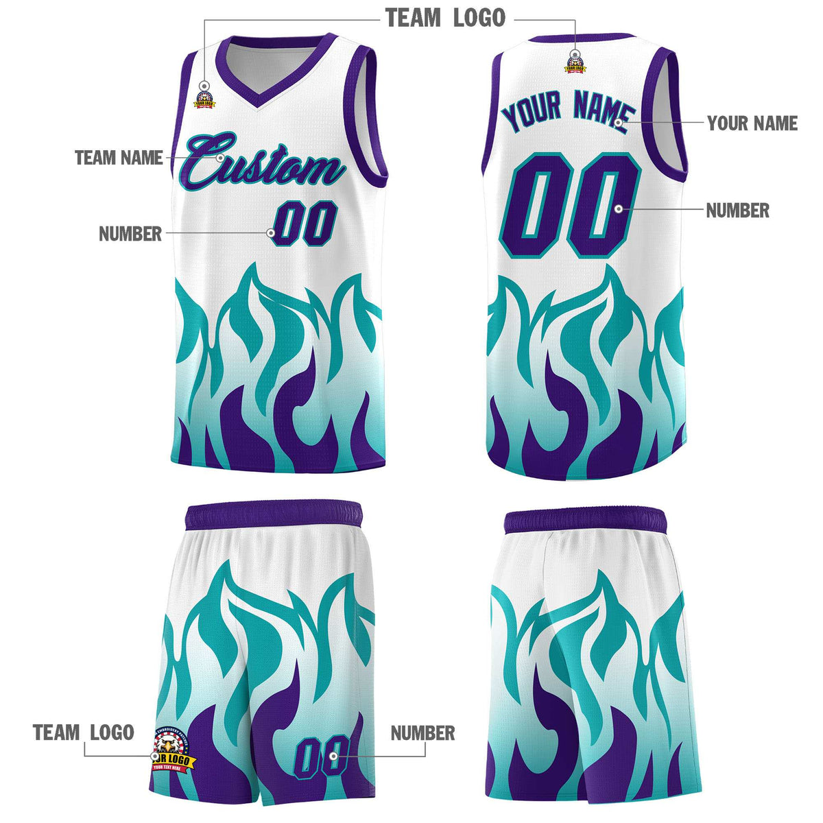 Custom White Aqua Hem Flame Pattern Fashion Sports Uniform Basketball Kits