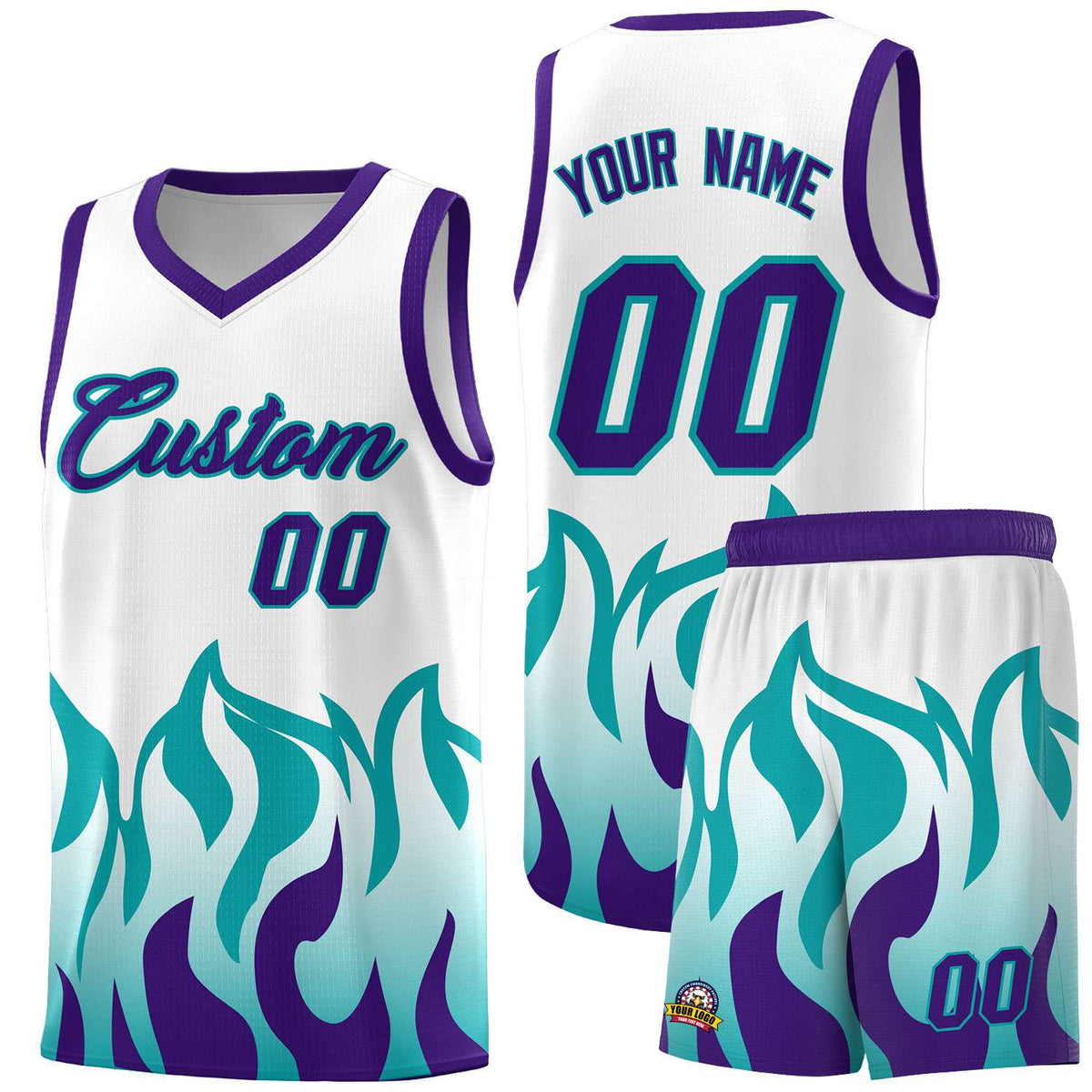 Custom White Aqua Hem Flame Pattern Fashion Sports Uniform Basketball Kits