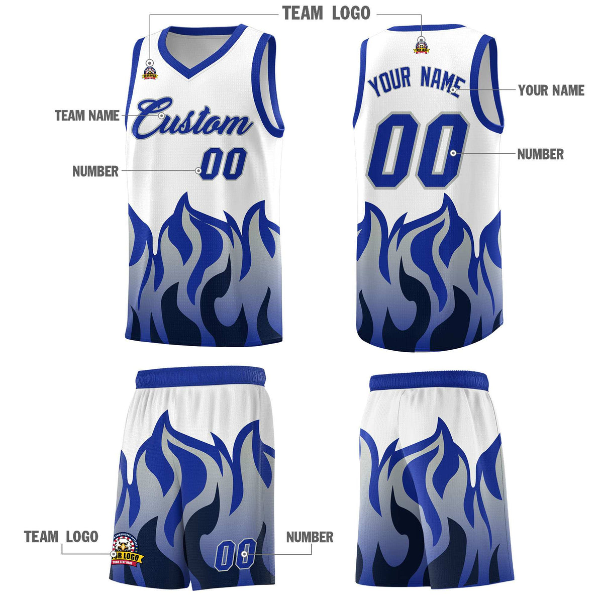 Custom White Royal Hem Flame Pattern Fashion Sports Uniform Basketball Kits