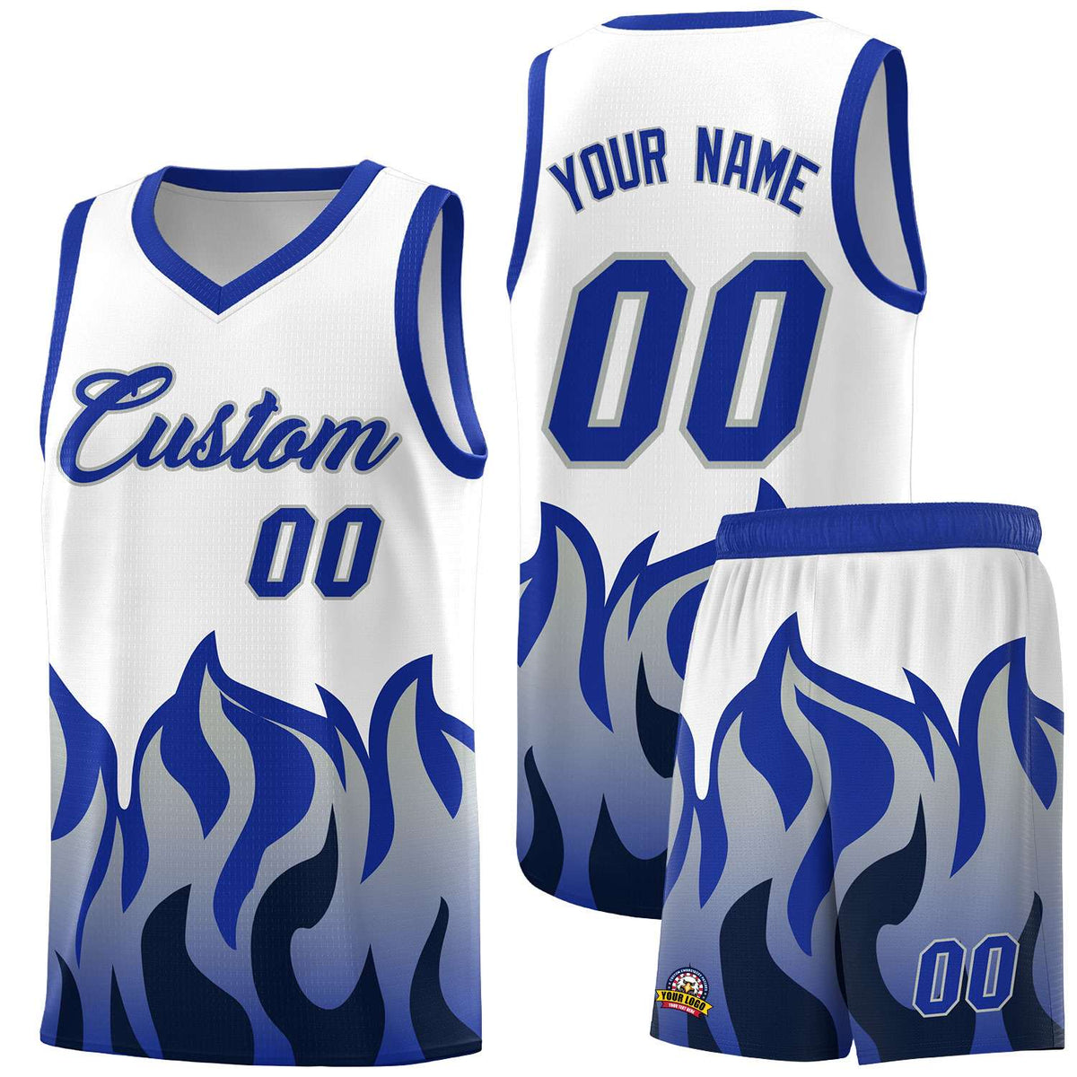 Custom White Royal Hem Flame Pattern Fashion Sports Uniform Basketball Kits