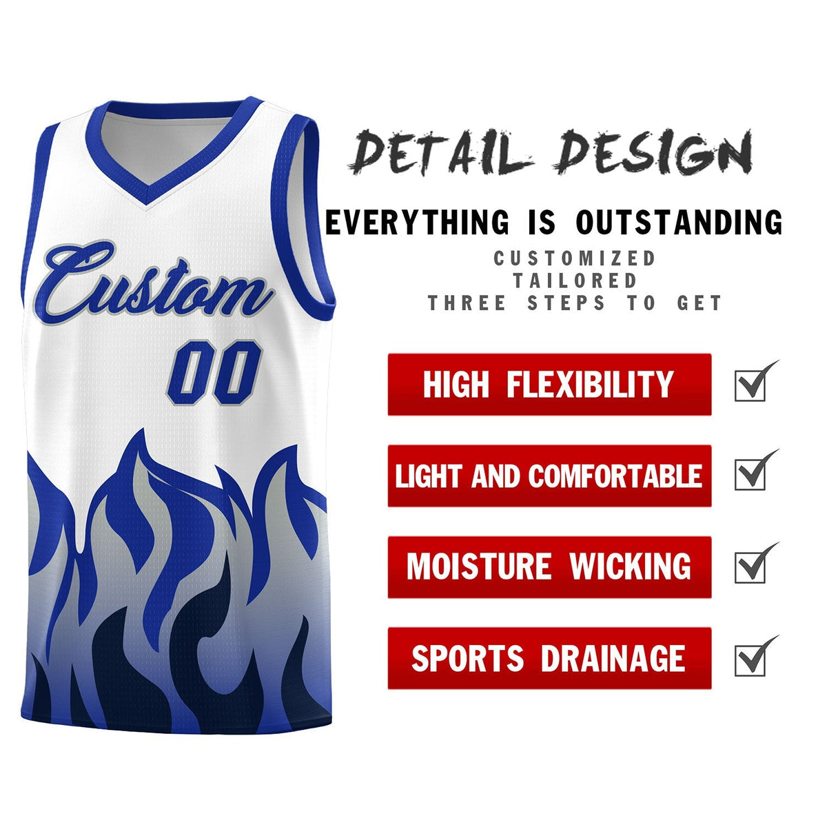 Custom White Royal Hem Flame Pattern Fashion Sports Uniform Basketball Kits