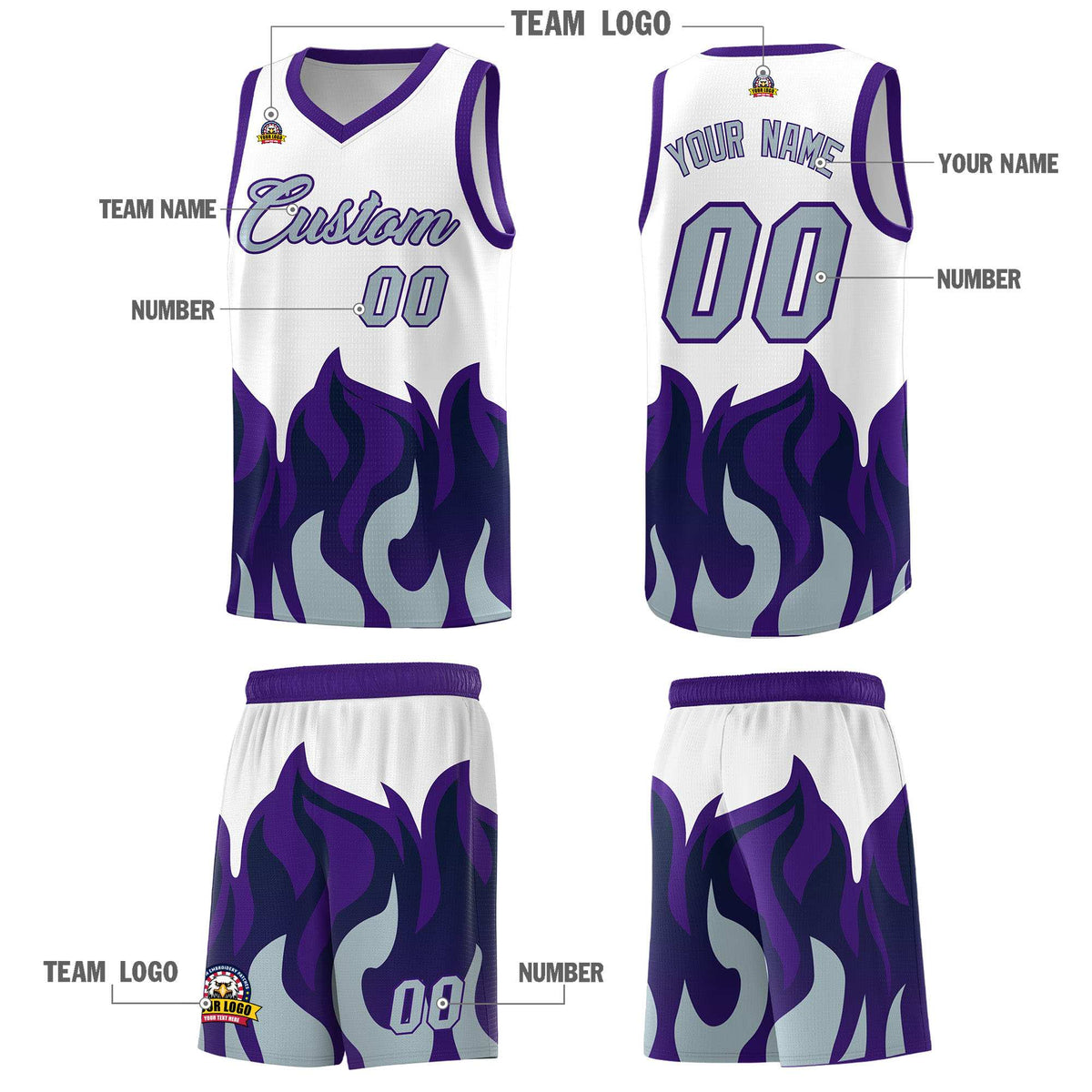 Custom White Purple Hem Flame Pattern Fashion Sports Uniform Basketball Kits