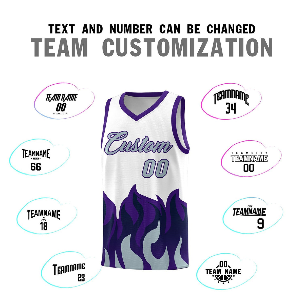 Custom White Purple Hem Flame Pattern Fashion Sports Uniform Basketball Kits