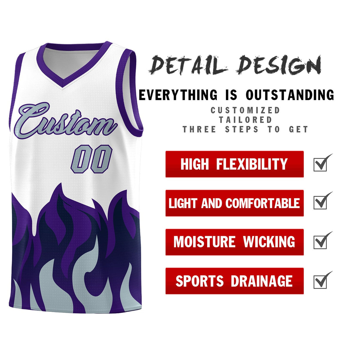 Custom White Purple Hem Flame Pattern Fashion Sports Uniform Basketball Kits