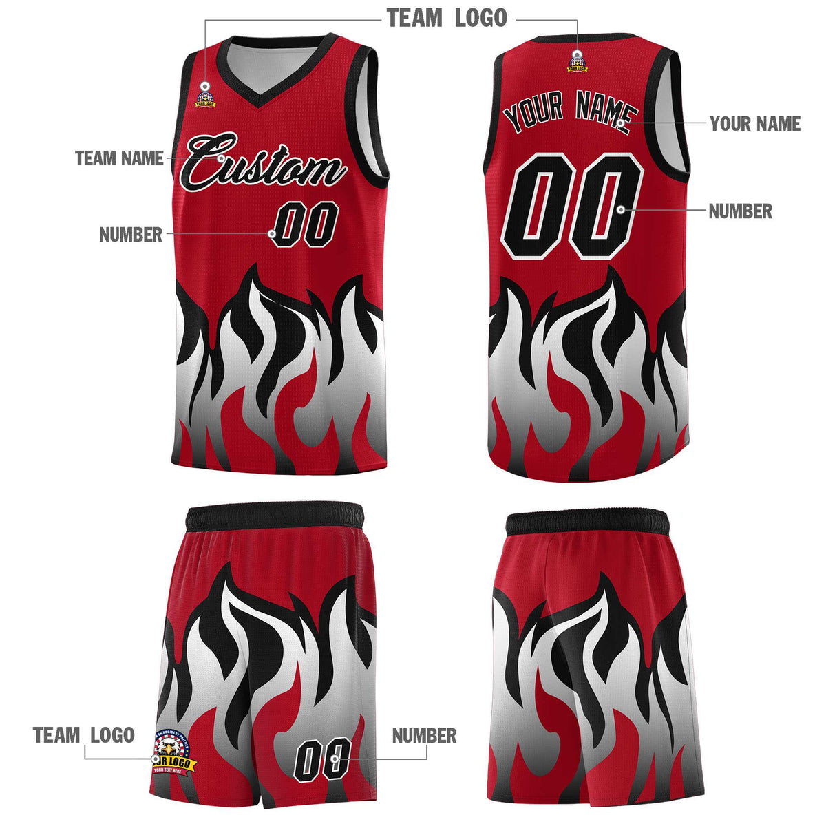 Custom Red Black Hem Flame Pattern Fashion Sports Uniform Basketball Kits