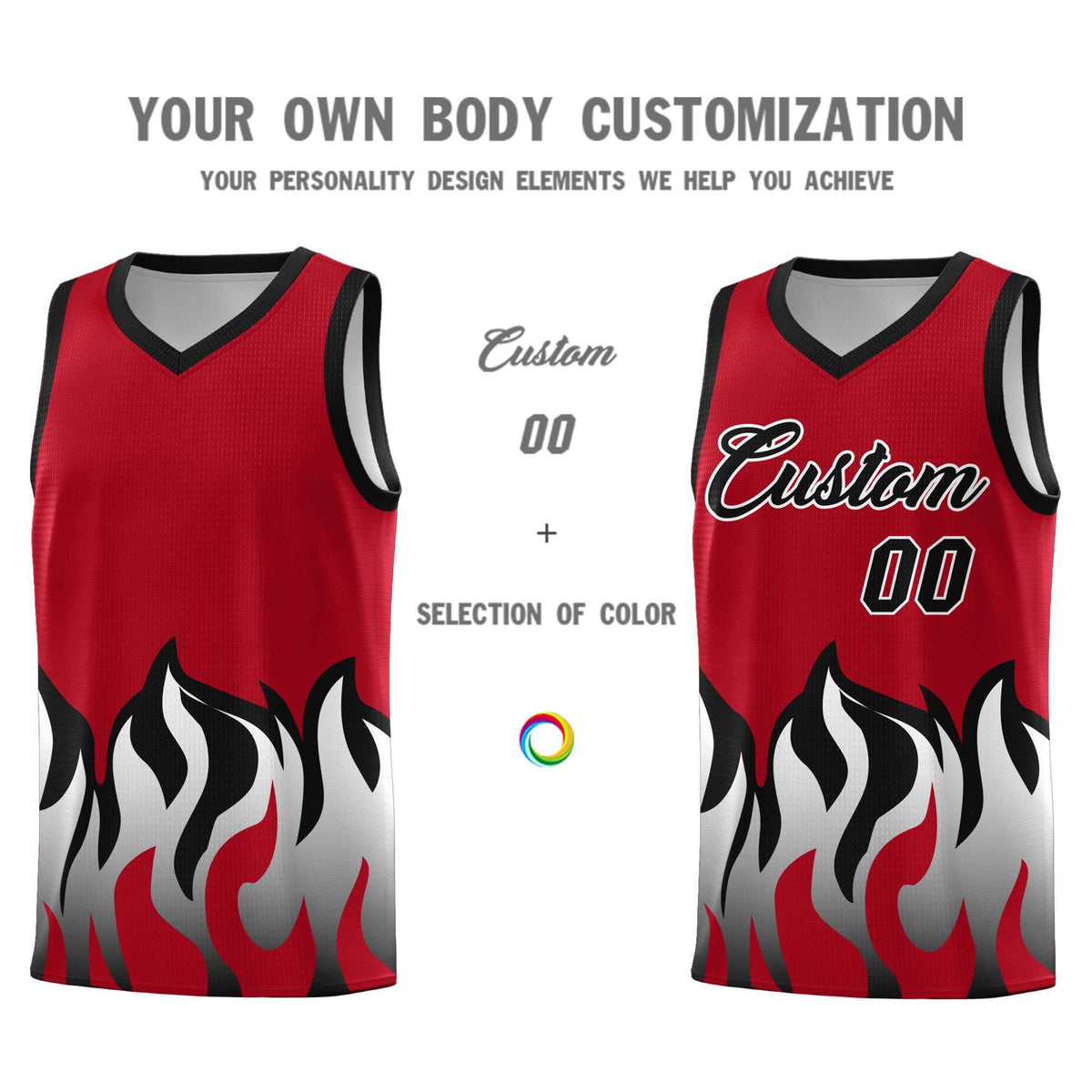 Custom Red Black Hem Flame Pattern Fashion Sports Uniform Basketball Kits