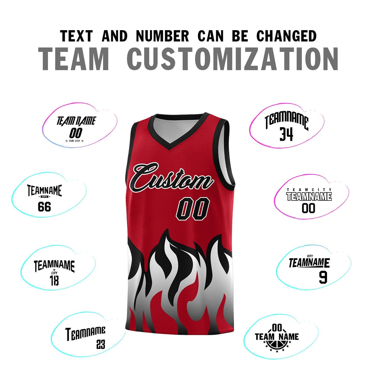 Custom Red Black Hem Flame Pattern Fashion Sports Uniform Basketball Kits