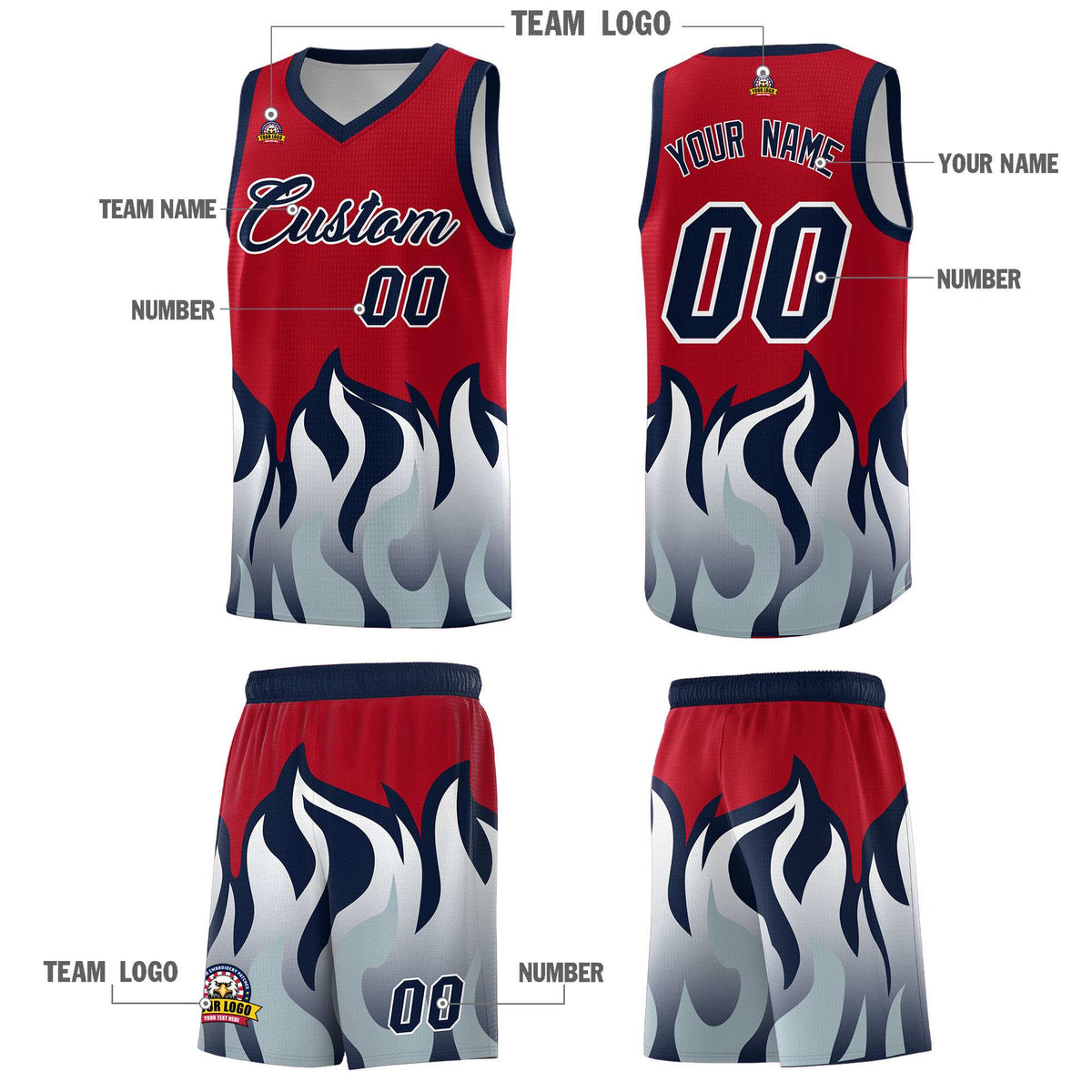 Custom Red Navy Hem Flame Pattern Fashion Sports Uniform Basketball Kits