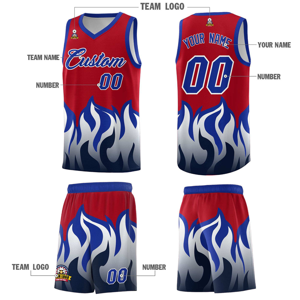 Custom Red Royal Hem Flame Pattern Fashion Sports Uniform Basketball Kits