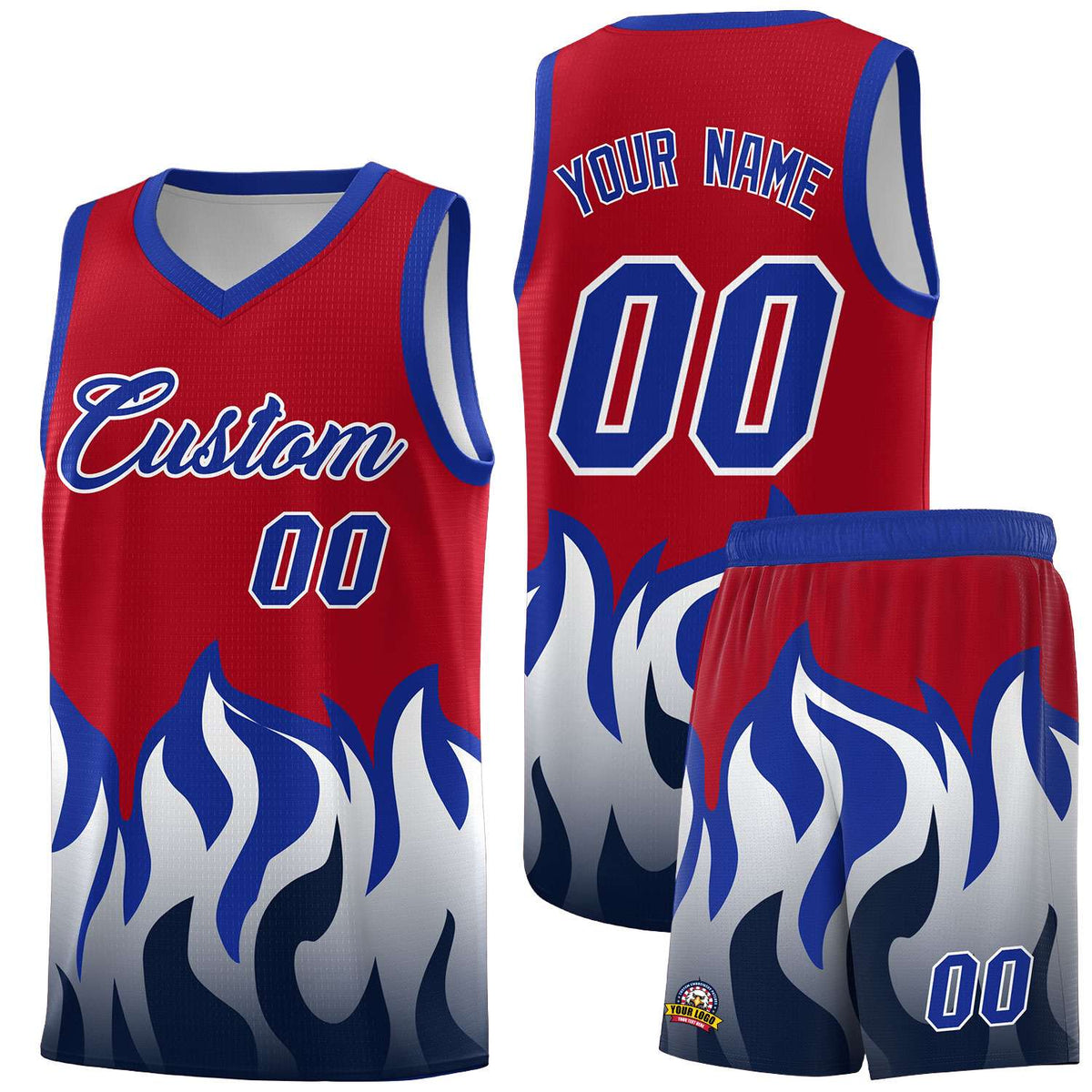 Custom Red Royal Hem Flame Pattern Fashion Sports Uniform Basketball Kits