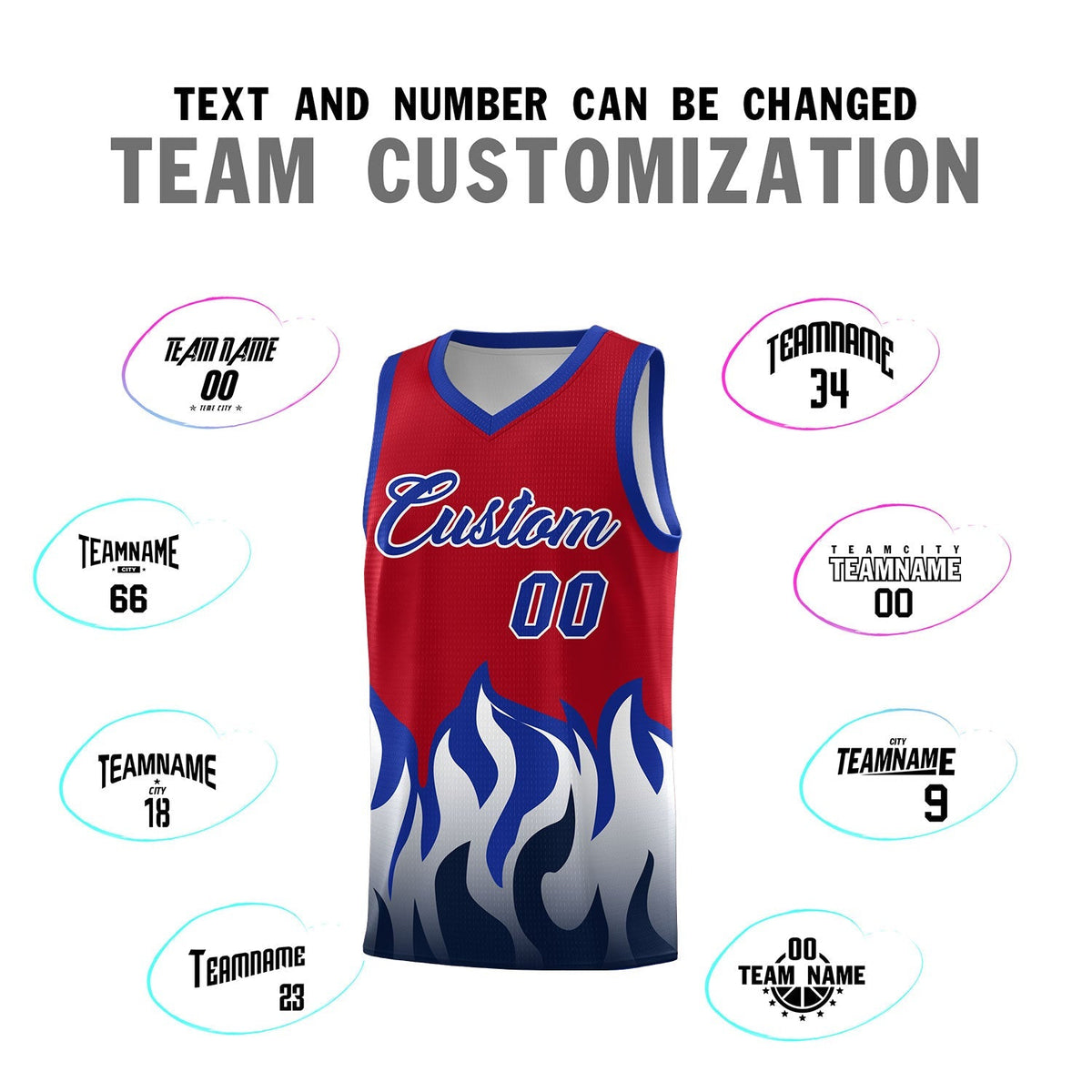 Custom Red Royal Hem Flame Pattern Fashion Sports Uniform Basketball Kits