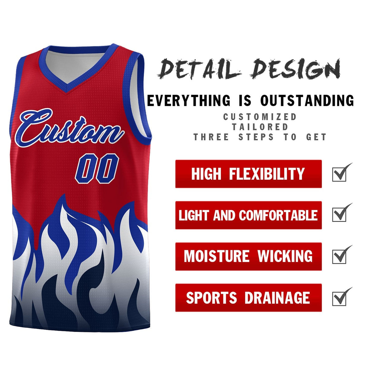 Custom Red Royal Hem Flame Pattern Fashion Sports Uniform Basketball Kits