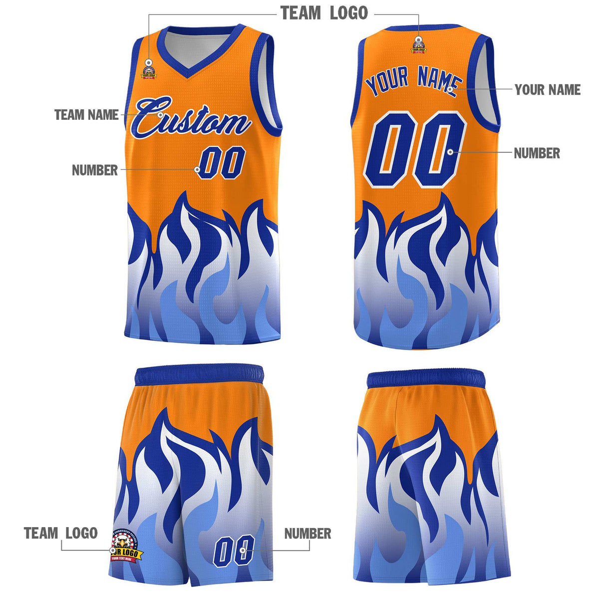 Custom Orange Royal Hem Flame Pattern Fashion Sports Uniform Basketball Kits
