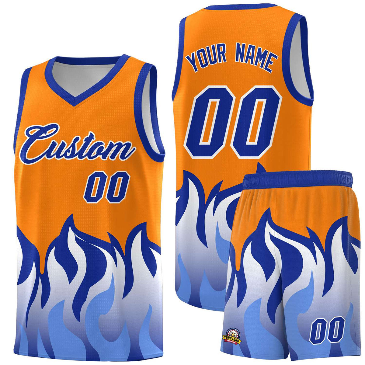 Custom Orange Royal Hem Flame Pattern Fashion Sports Uniform Basketball Kits