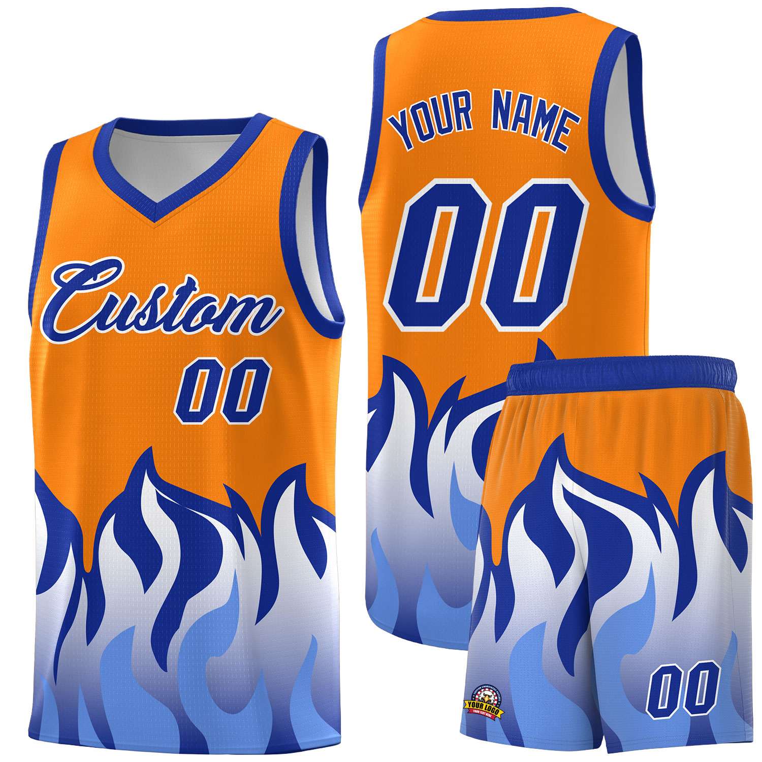 Custom Orange Royal Hem Flame Pattern Fashion Sports Uniform Basketball Kits