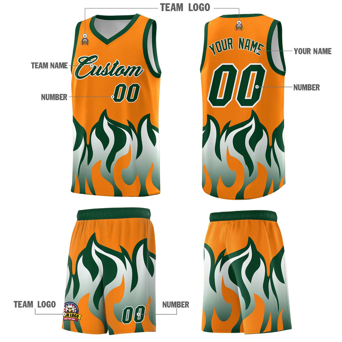 Custom Orange Hunter Green Hem Flame Pattern Fashion Sports Uniform Basketball Kits
