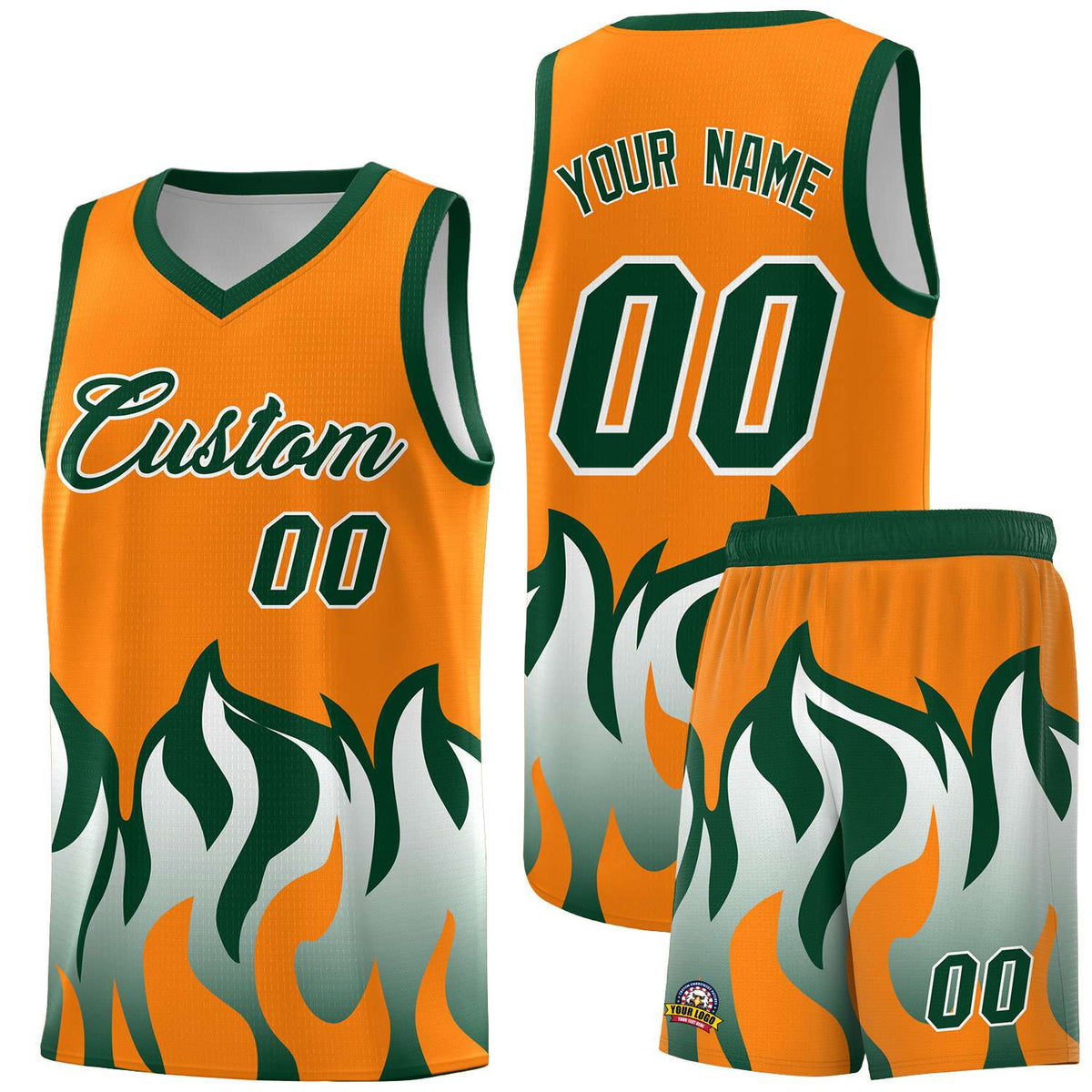Custom Orange Hunter Green Hem Flame Pattern Fashion Sports Uniform Basketball Kits