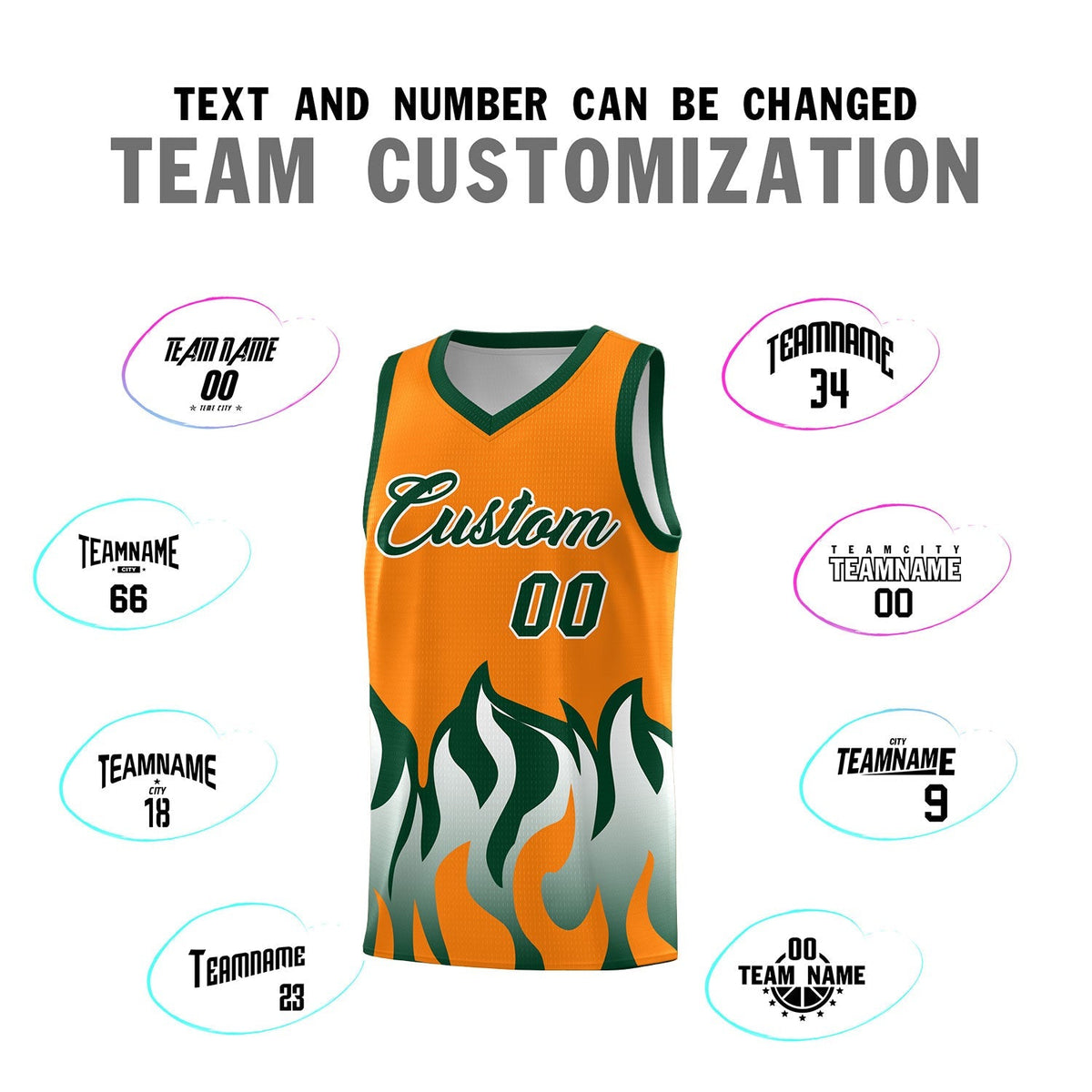 Custom Orange Hunter Green Hem Flame Pattern Fashion Sports Uniform Basketball Kits