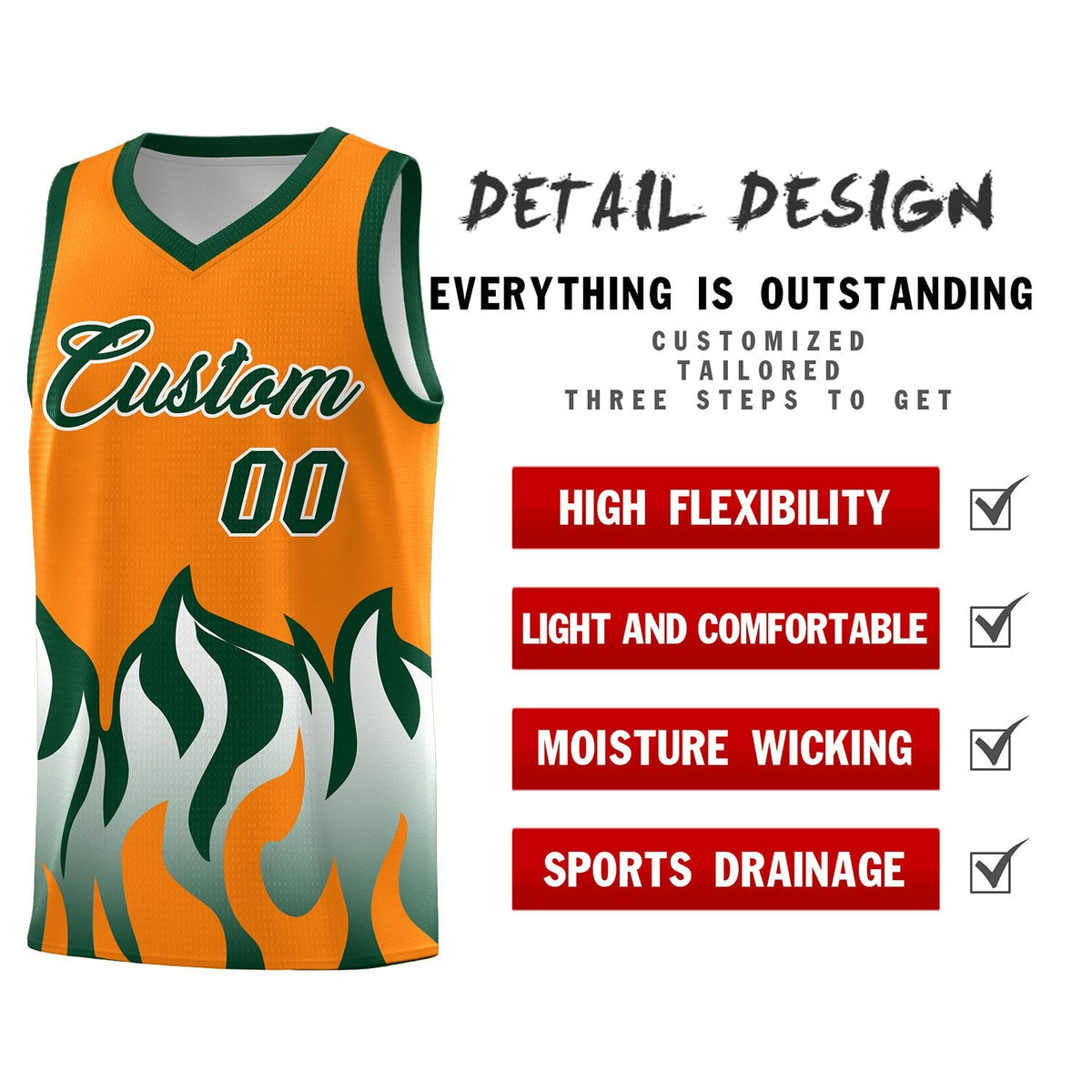 Custom Orange Hunter Green Hem Flame Pattern Fashion Sports Uniform Basketball Kits