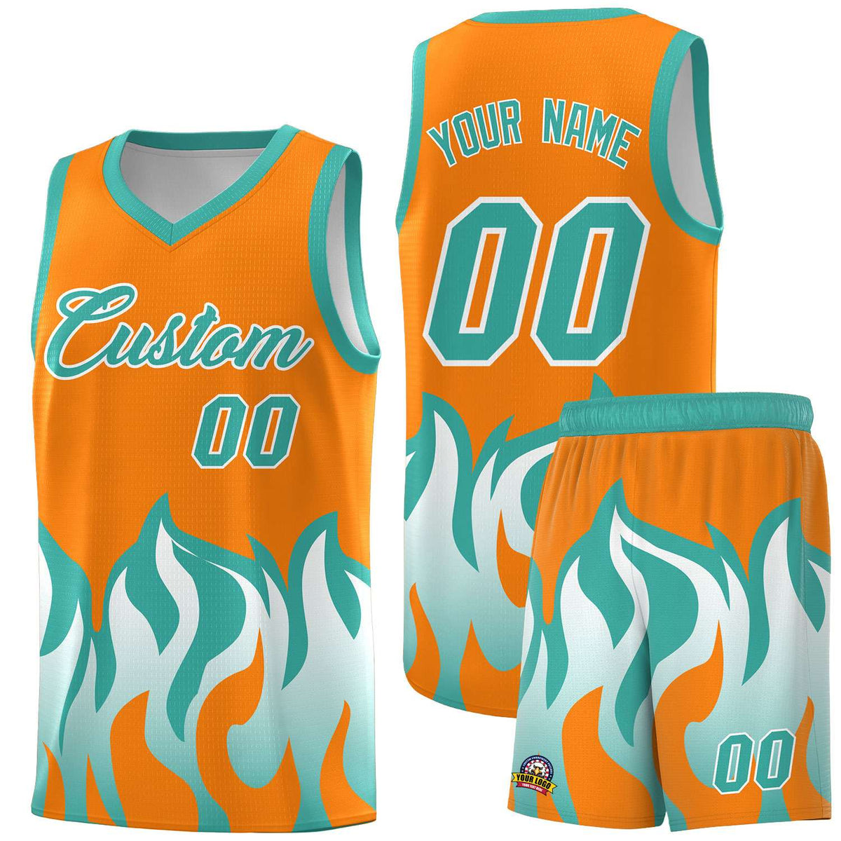 Custom Orange Bright Green Hem Flame Pattern Fashion Sports Uniform Basketball Kits
