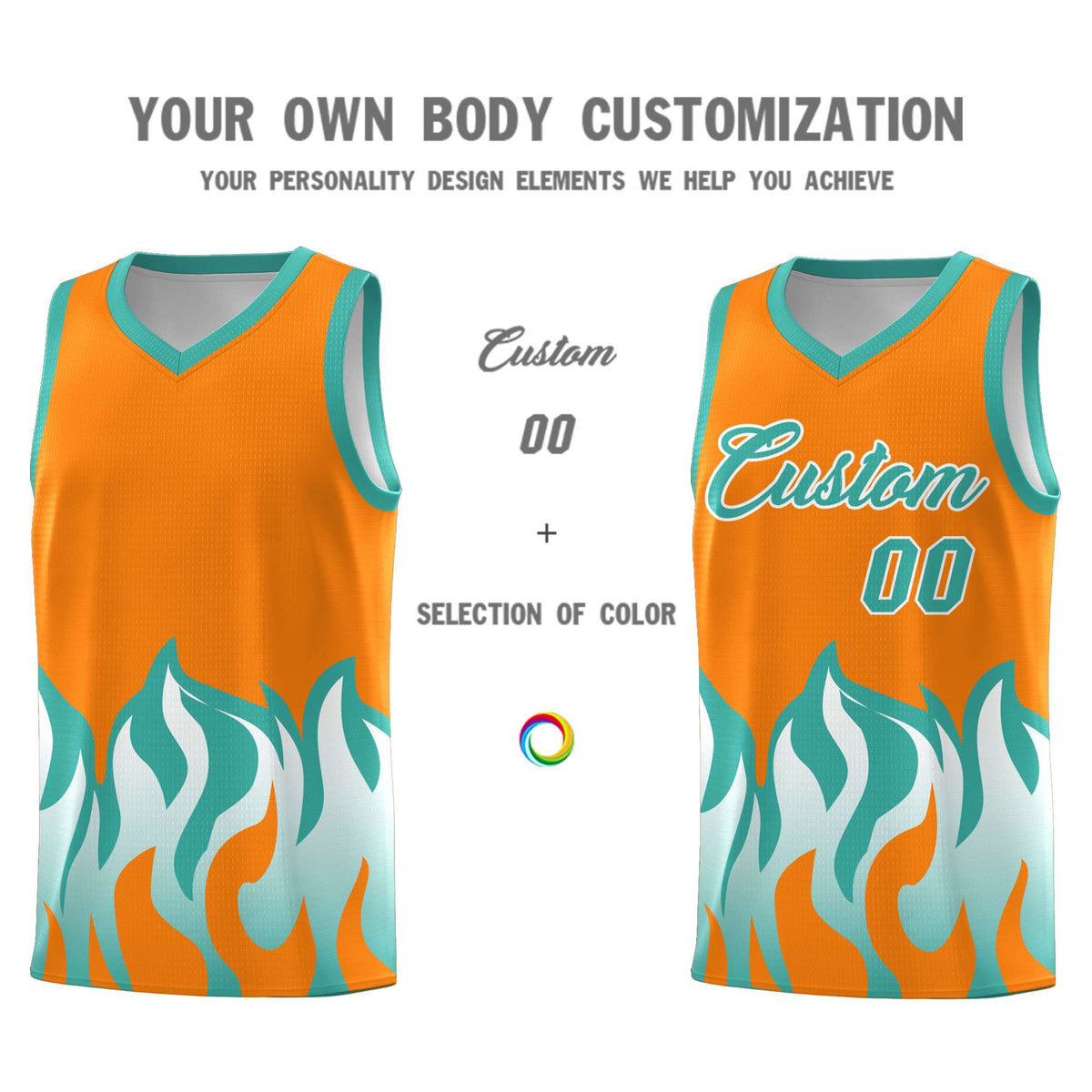 Custom Orange Bright Green Hem Flame Pattern Fashion Sports Uniform Basketball Kits