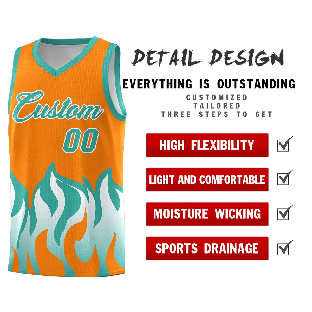 Custom Orange Bright Green Hem Flame Pattern Fashion Sports Uniform Basketball Kits