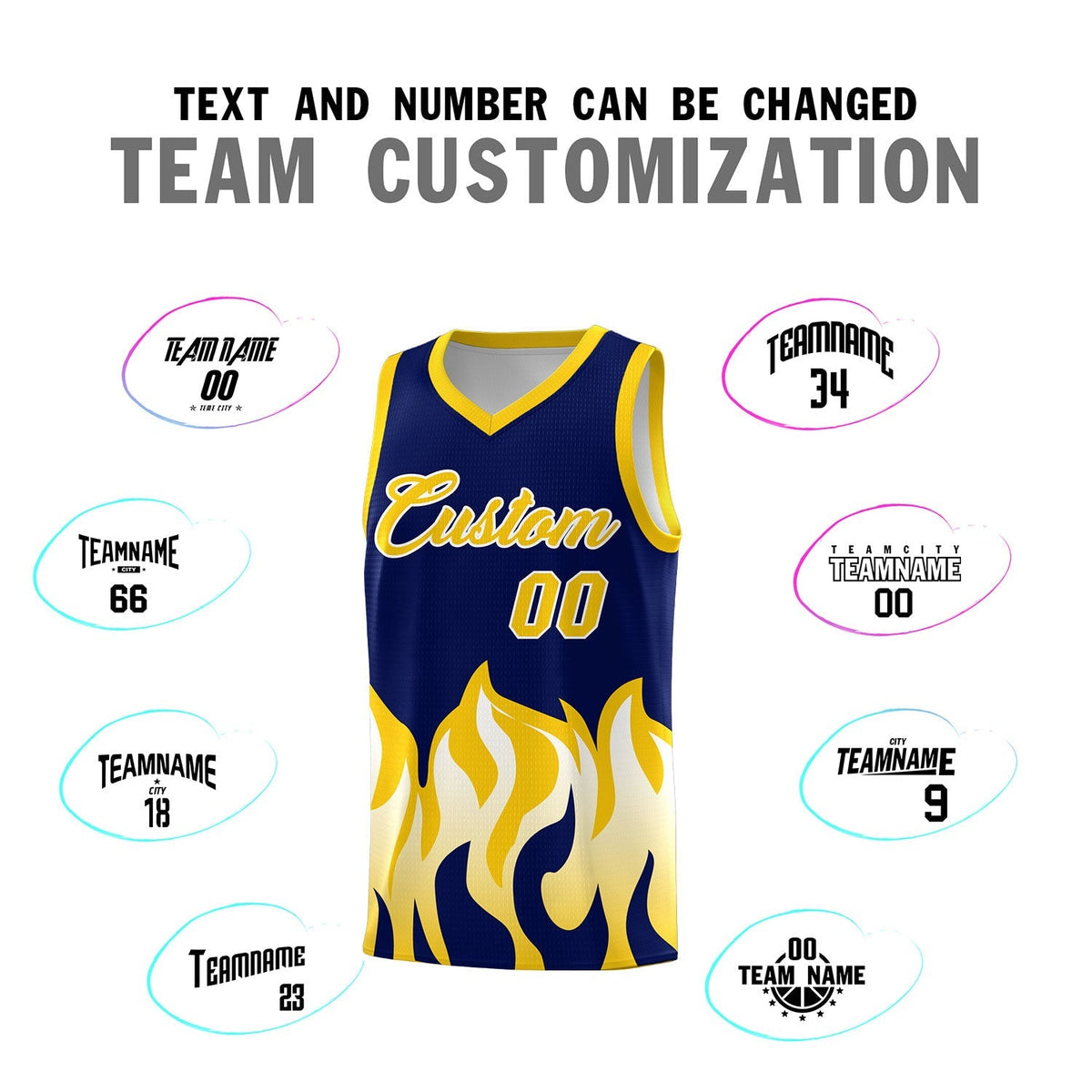 Custom Navy Gold Hem Flame Pattern Fashion Sports Uniform Basketball Kits