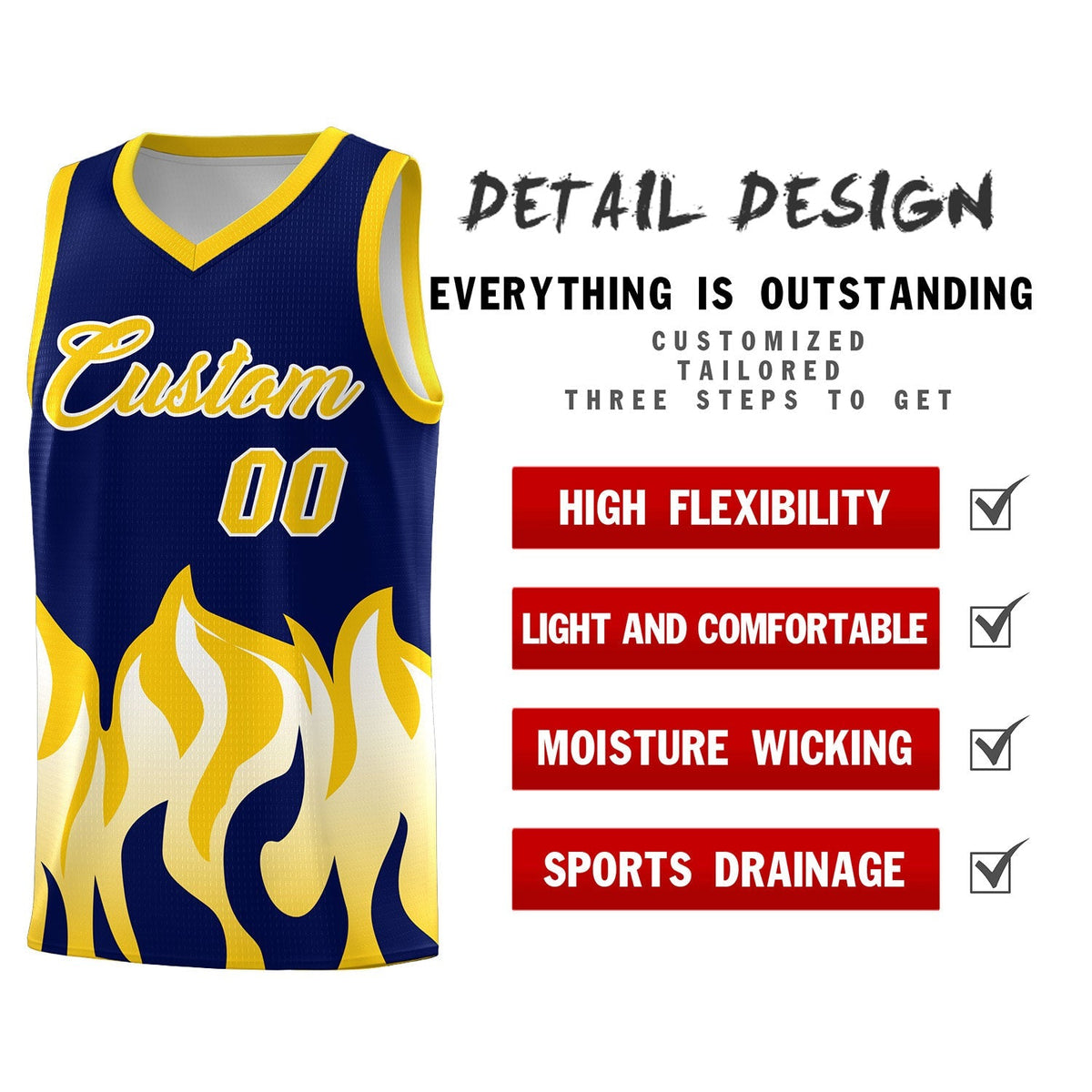 Custom Navy Gold Hem Flame Pattern Fashion Sports Uniform Basketball Kits