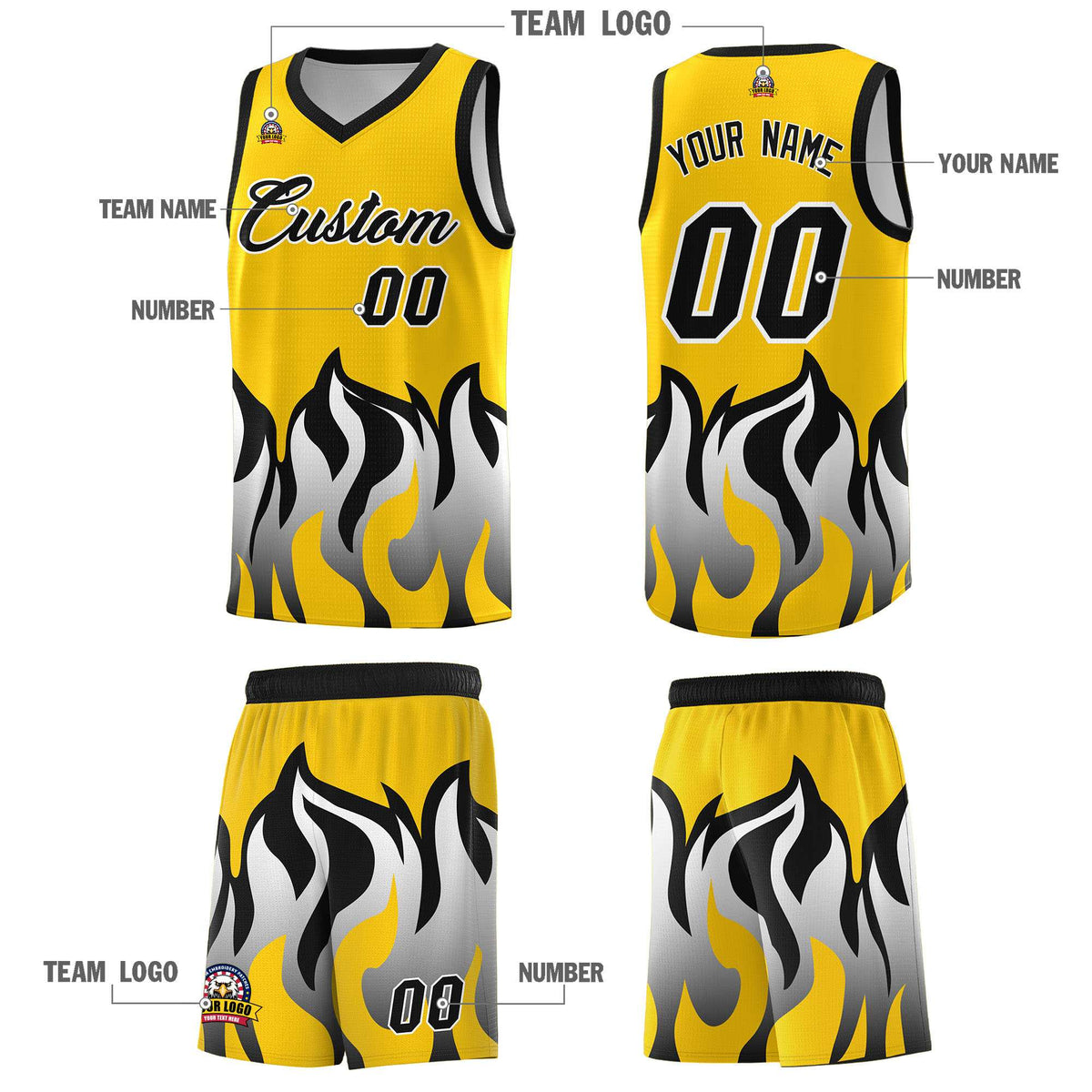 Custom Gold Black Hem Flame Pattern Fashion Sports Uniform Basketball Kits