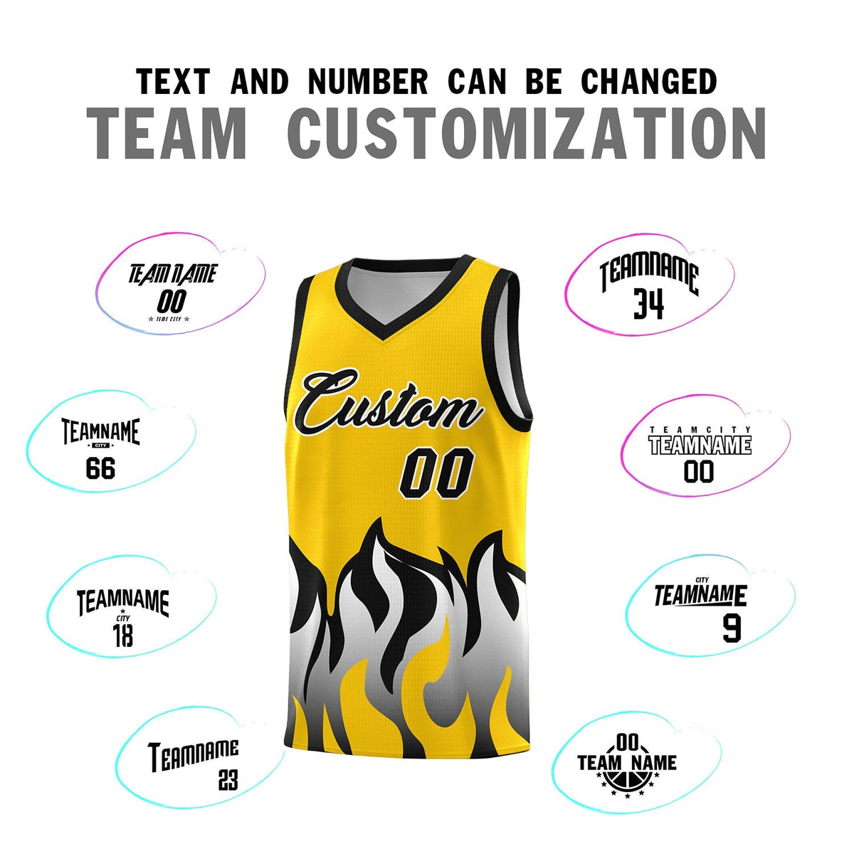 Custom Gold Black Hem Flame Pattern Fashion Sports Uniform Basketball Kits