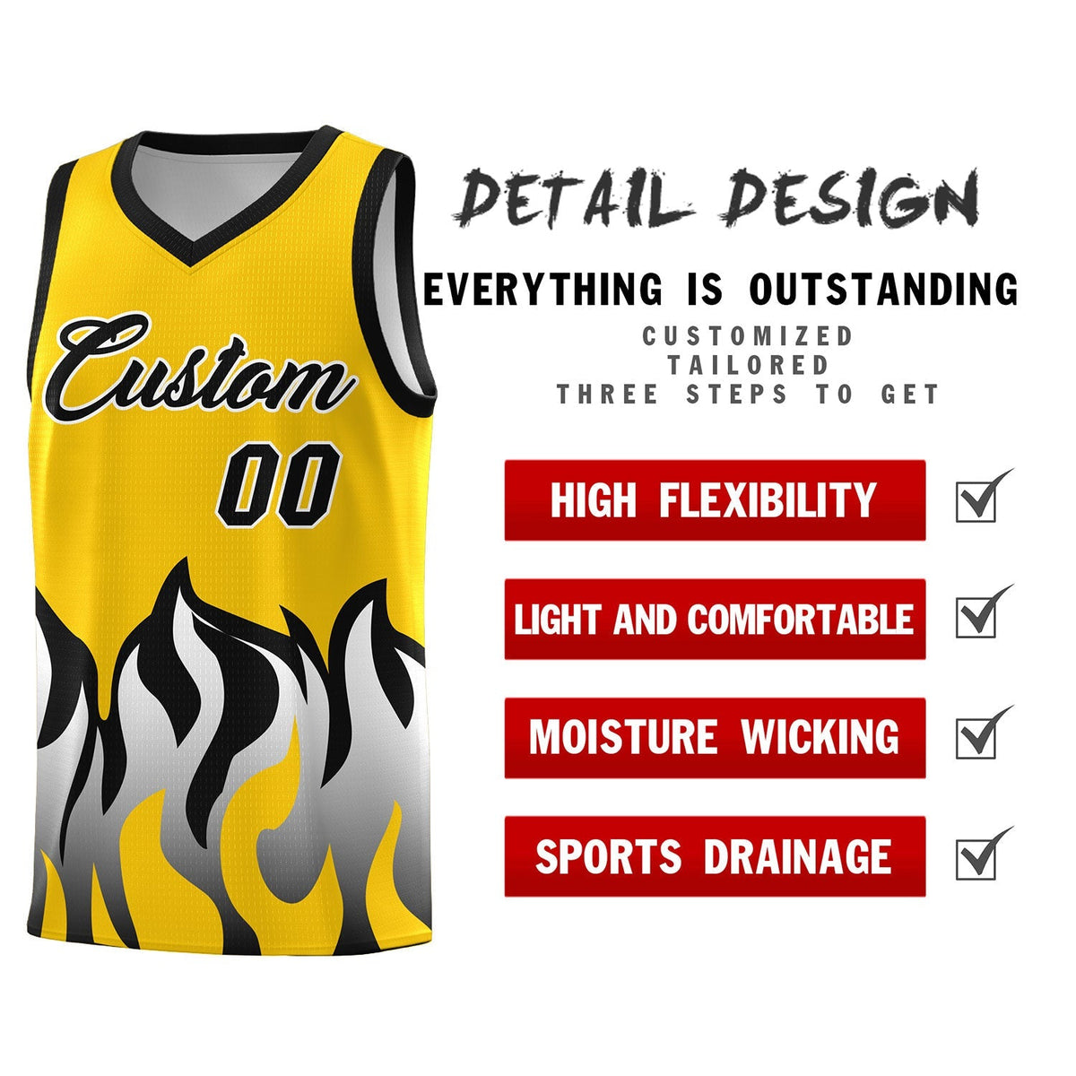 Custom Gold Black Hem Flame Pattern Fashion Sports Uniform Basketball Kits