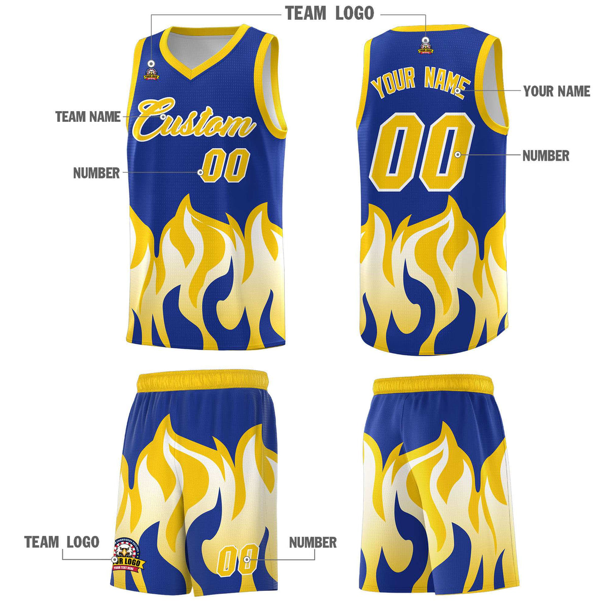 Custom Royal Gold Hem Flame Pattern Fashion Sports Uniform Basketball Kits