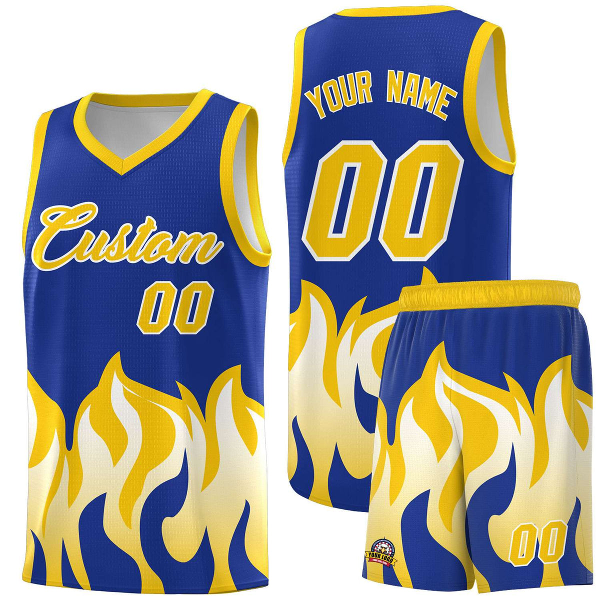 Custom Royal Gold Hem Flame Pattern Fashion Sports Uniform Basketball Kits