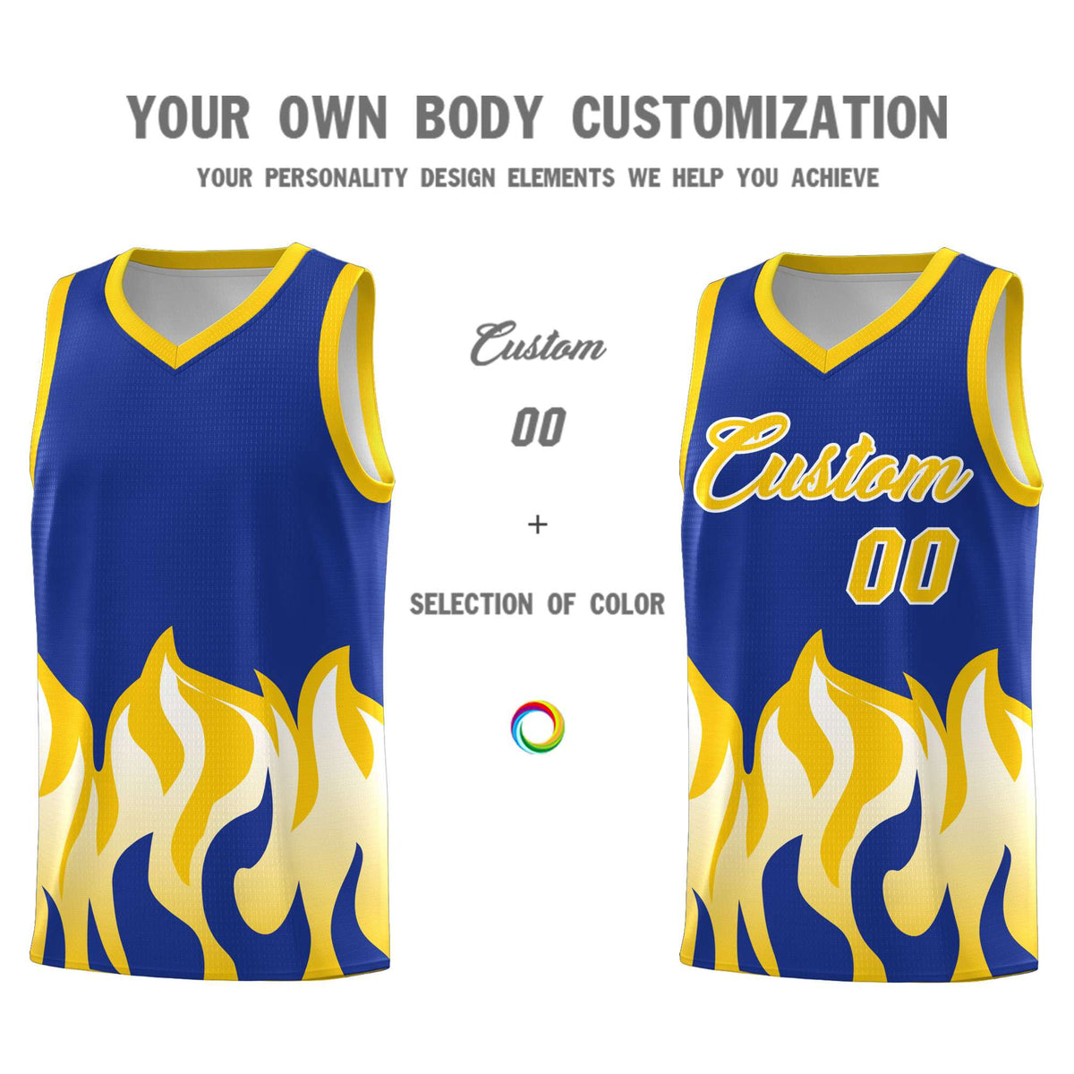 Custom Royal Gold Hem Flame Pattern Fashion Sports Uniform Basketball Kits