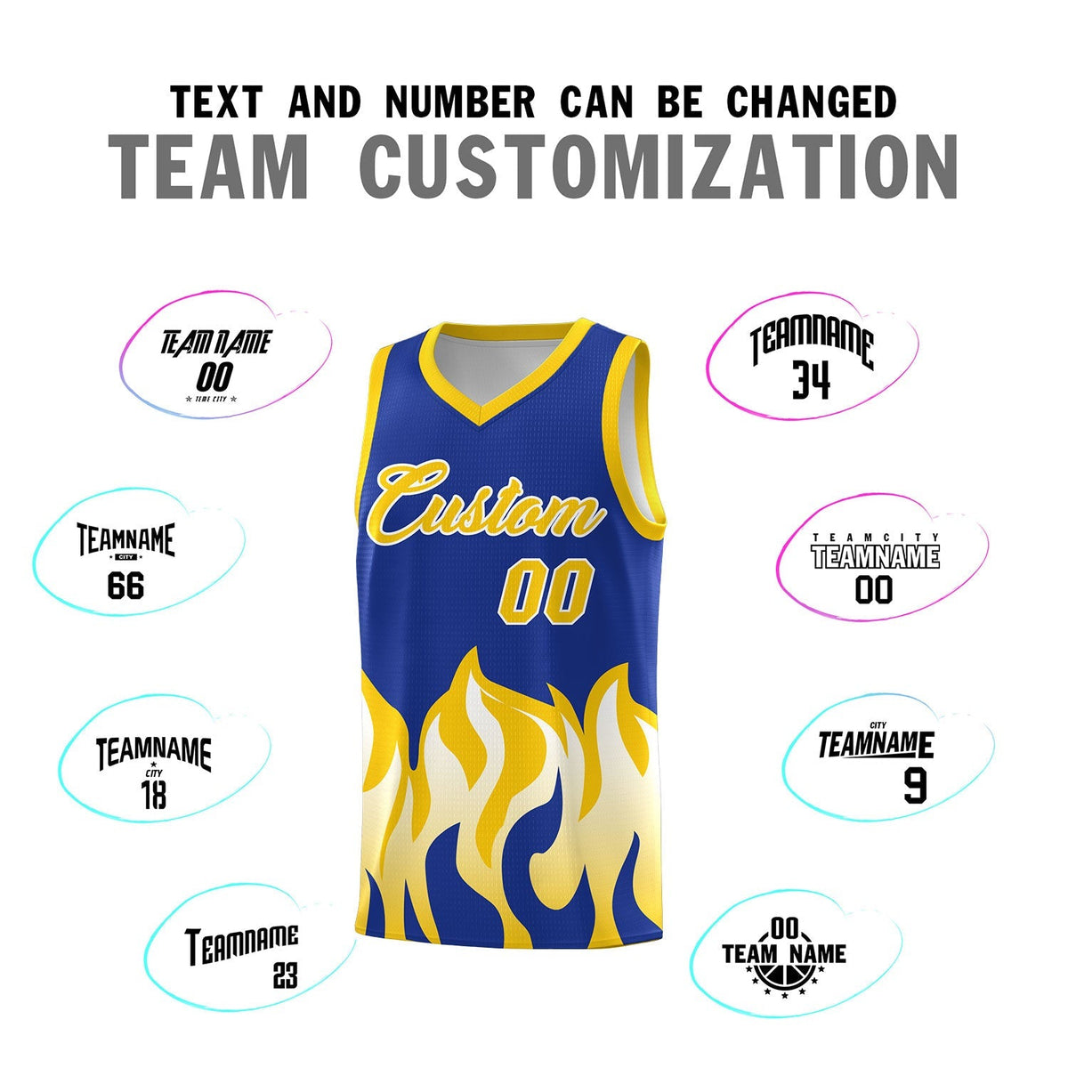 Custom Royal Gold Hem Flame Pattern Fashion Sports Uniform Basketball Kits