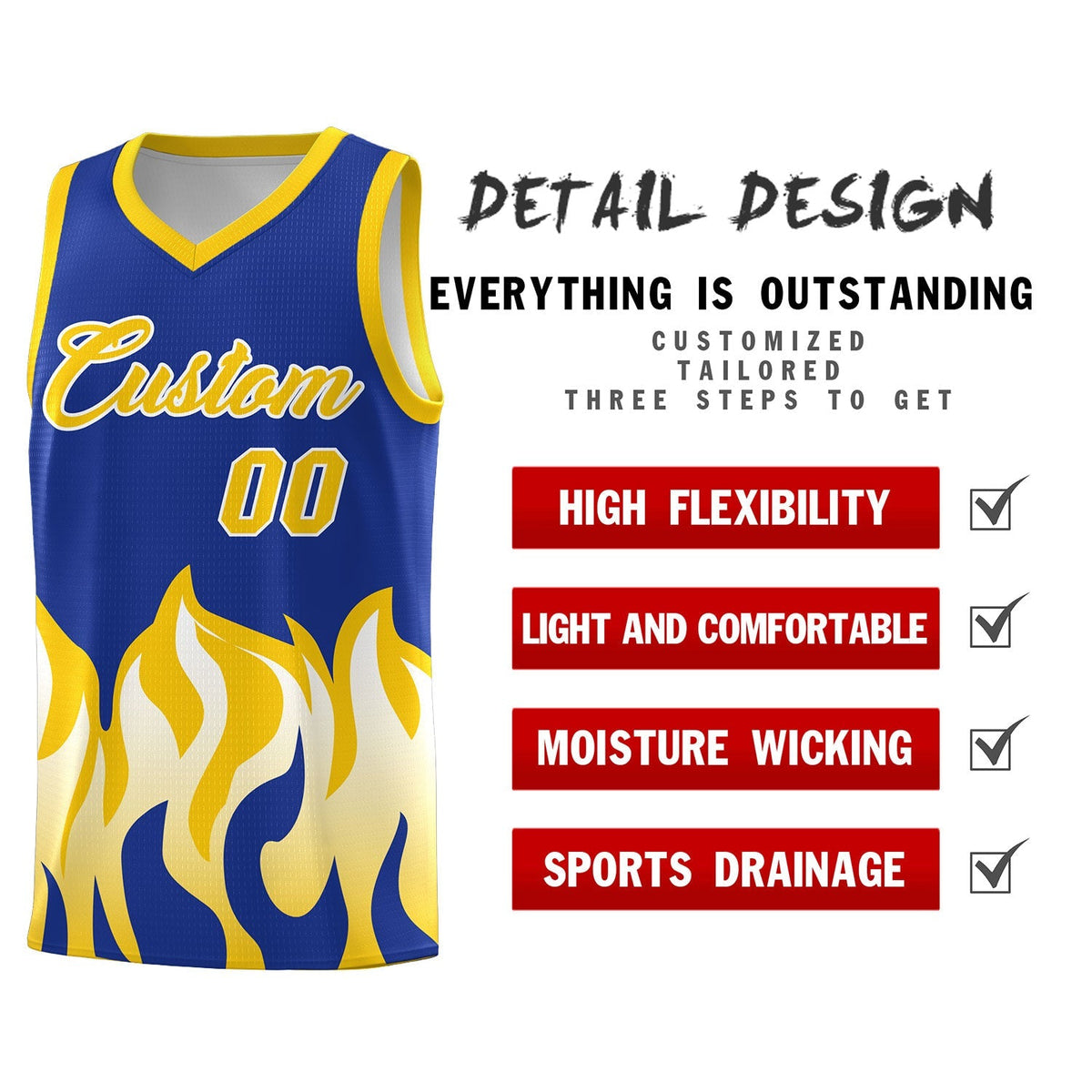Custom Royal Gold Hem Flame Pattern Fashion Sports Uniform Basketball Kits
