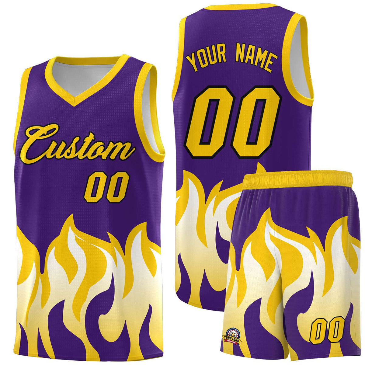Custom Purple Gold Hem Flame Pattern Fashion Sports Uniform Basketball Kits