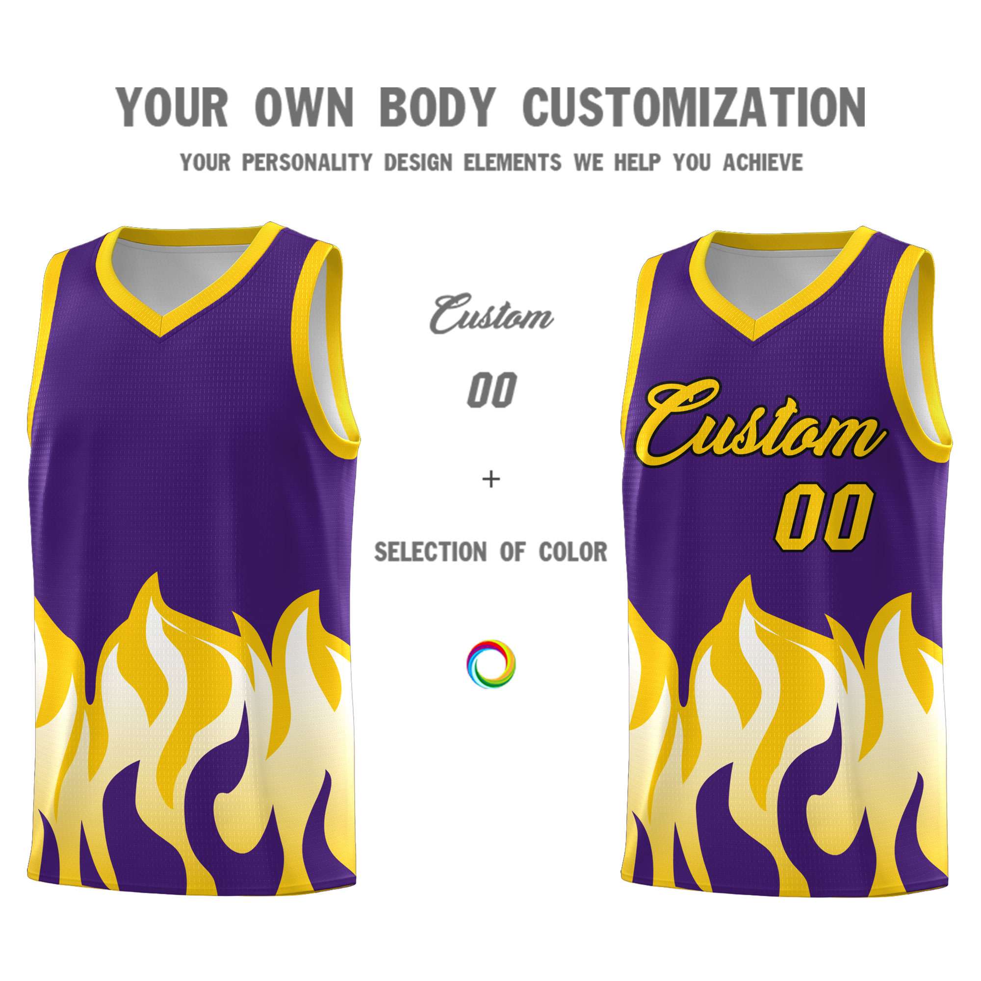 Custom Purple Gold Hem Flame Pattern Fashion Sports Uniform Basketball Kits