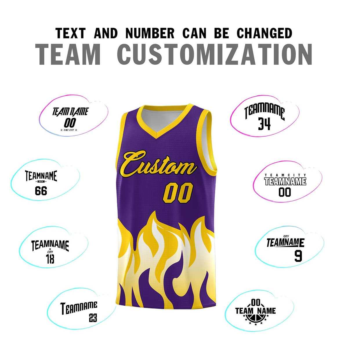 Custom Purple Gold Hem Flame Pattern Fashion Sports Uniform Basketball Kits