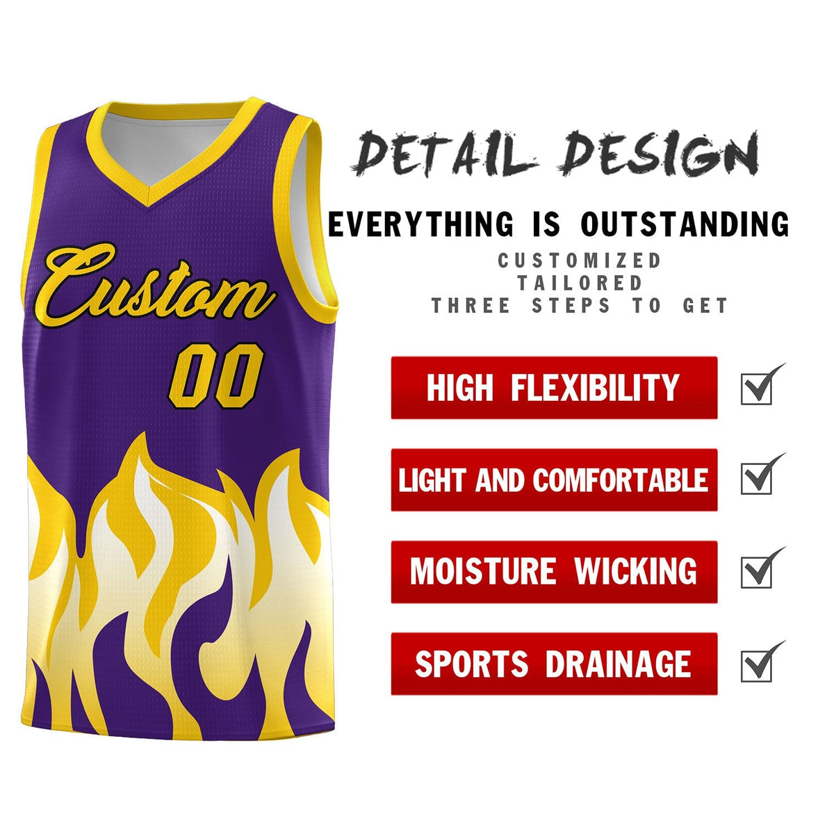 Custom Purple Gold Hem Flame Pattern Fashion Sports Uniform Basketball Kits