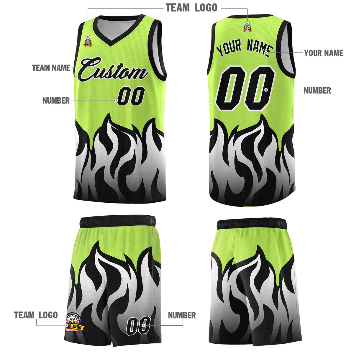 Custom Neon Green Black Hem Flame Pattern Fashion Sports Uniform Basketball Kits
