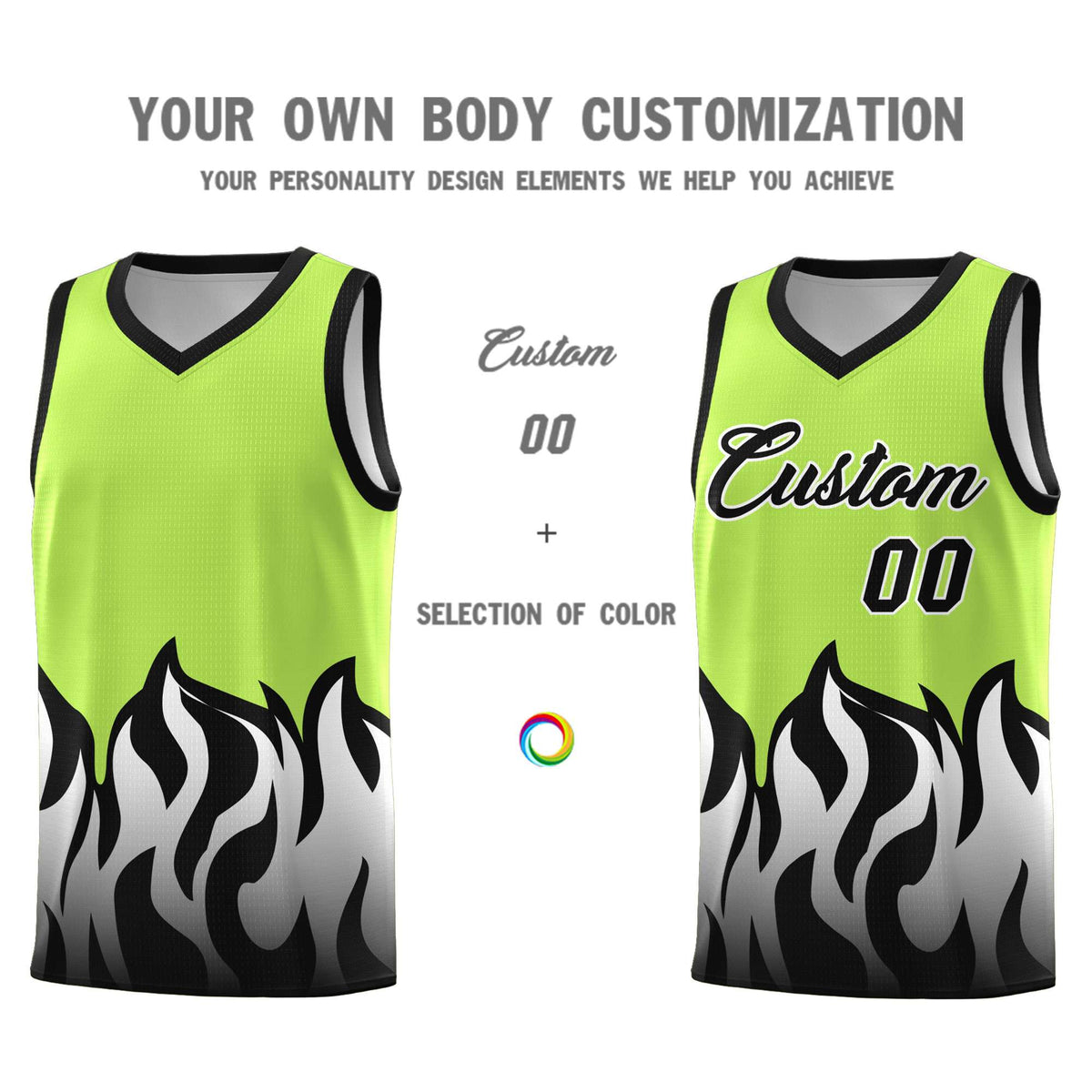 Custom Neon Green Black Hem Flame Pattern Fashion Sports Uniform Basketball Kits