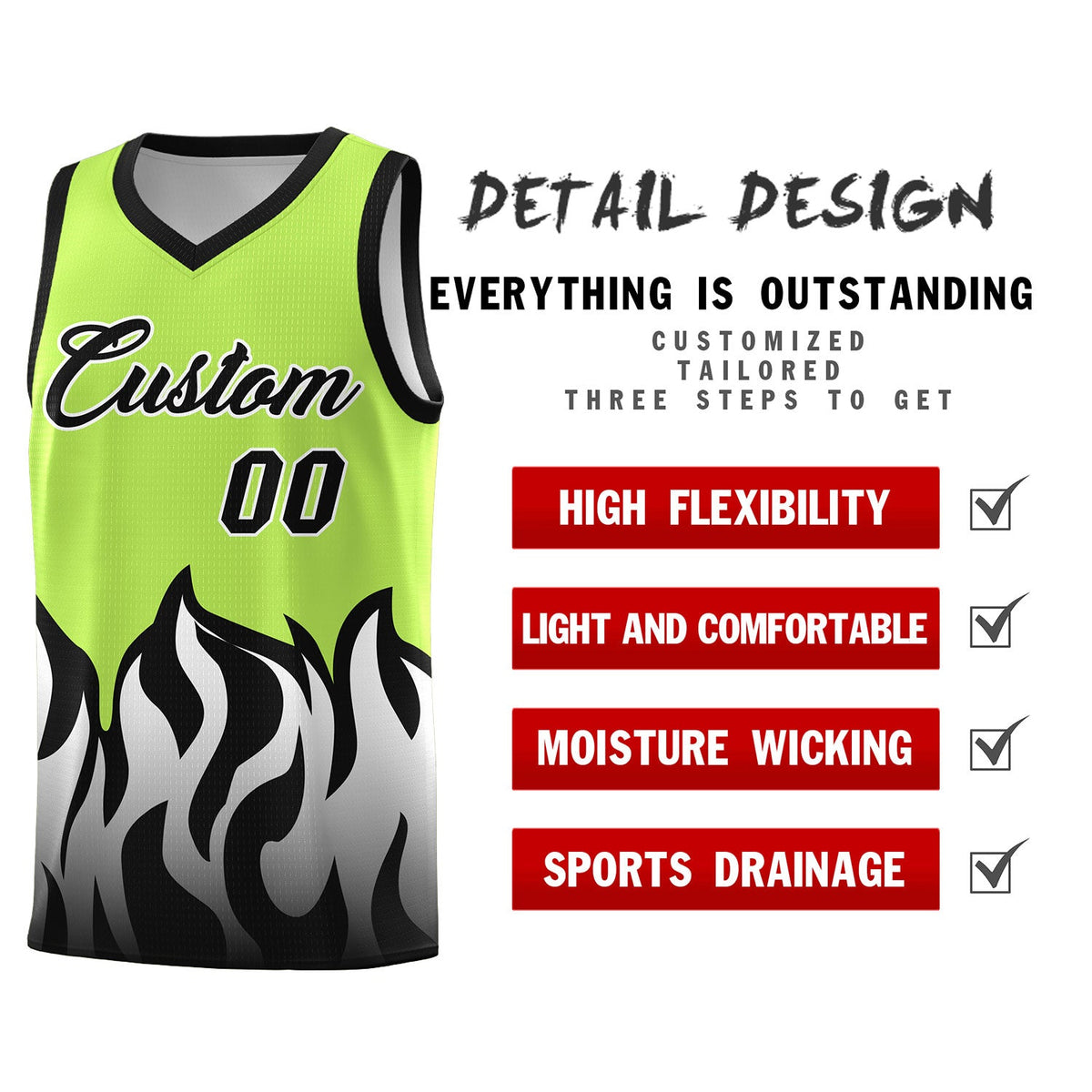 Custom Neon Green Black Hem Flame Pattern Fashion Sports Uniform Basketball Kits