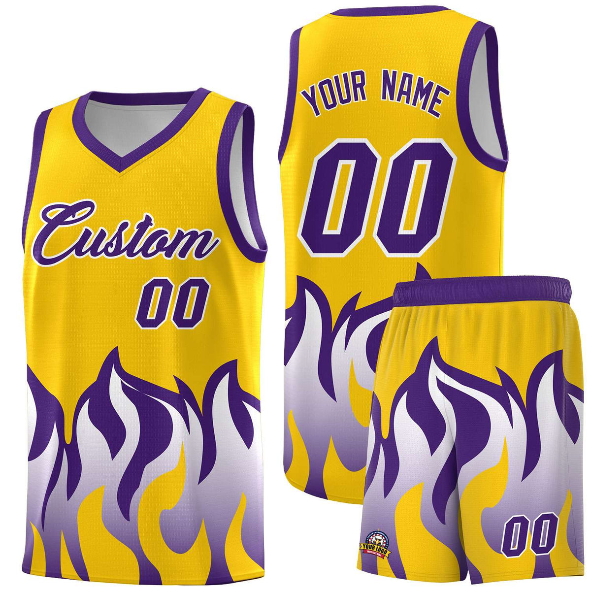 Custom Yellow Purple Hem Flame Pattern Fashion Sports Uniform Basketball Kits