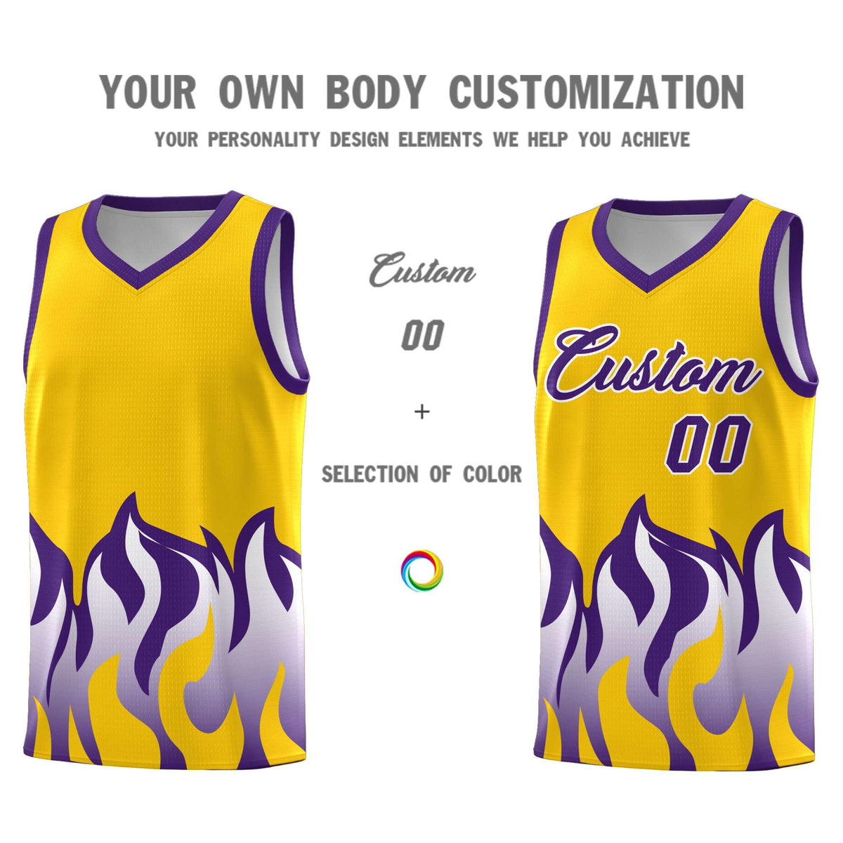 Custom Yellow Purple Hem Flame Pattern Fashion Sports Uniform Basketball Kits
